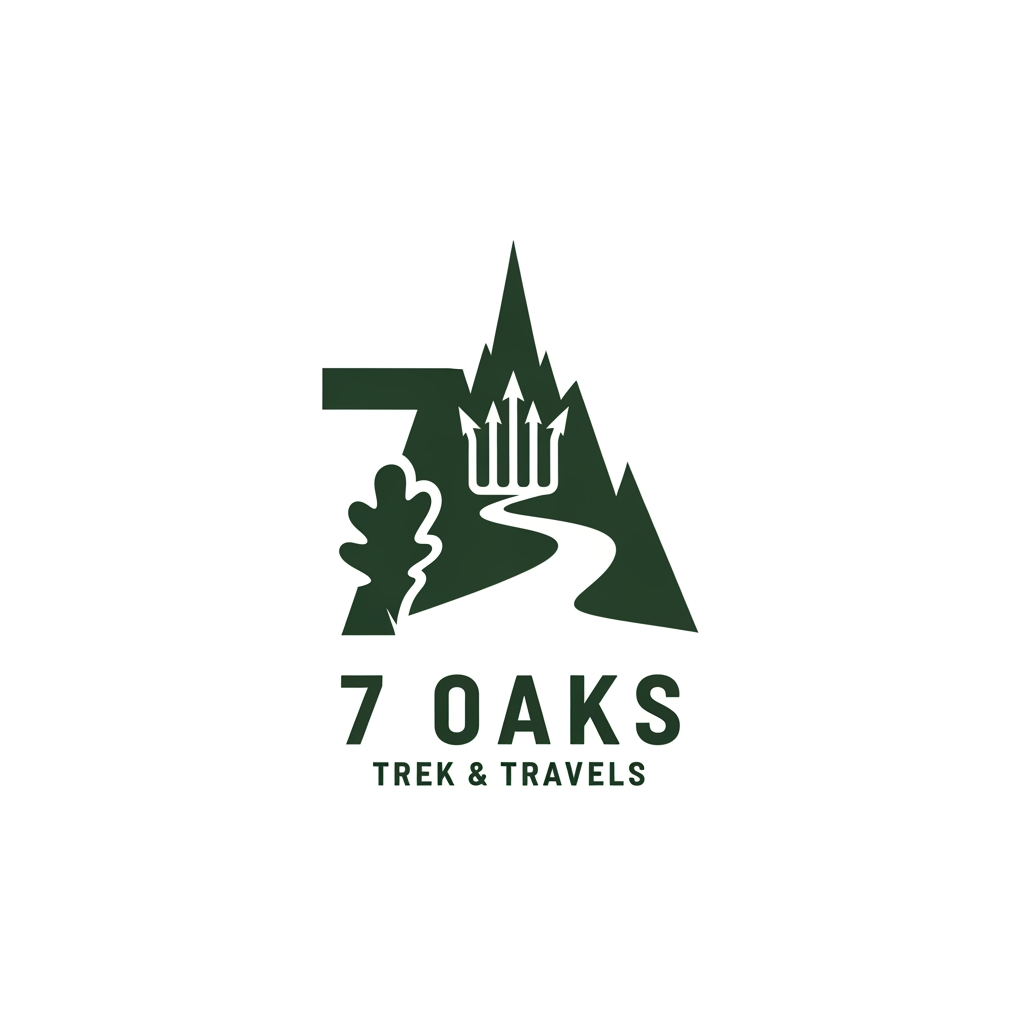AI Design for logo Create a minimalist, highly symbolic brand mark/logo for an adventure company named "7 Oaks - Trek and Travels".
The design must NOT be a detailed badge, patch, illustration, or scenic landscape. Instead, it must be a pure, ultra-simple geometric or fluid icon that carries deep meaning, similar to the simplicity of the Nike Swoosh or Adidas Three Stripes. It must be instantly recognizable, modern, and rugged.
Incorporate three hidden meanings into a single unified vector shape:
1. Seven Oaks: Stylize the number "7" so that it seamlessly transforms into or mimics a sharp oak leaf silhouette or a cluster of seven minimal lines/nodes.
2. The Himalayas: The overall silhouette of the mark must evoke the sharp, towering peaks of a mountain range (specifically a trident peak or an upward-climbing arrowhead).
3. Trekking/Travel: A continuous, fluid path or line that cuts through the shape, symbolizing a journey, navigation, and endless trails.
Design constraints:
- Style: Ultra-minimalist, flat vector icon, clean lines, strong negative space.
- Colors: High-contrast monochrome (solid forest green or dark charcoal on a crisp white background). No gradients, no complex shading.
- Presentation: Display the standalone symbol centered on a clean background. Underneath the symbol, use a clean, rugged, all-caps sans-serif typography for "7 OAKS" and a smaller secondary line for "TREK & TRAVELS".
- Execution: Make it look premium, timeless, and easily stampable on outdoor gear, apparel, and hardware.