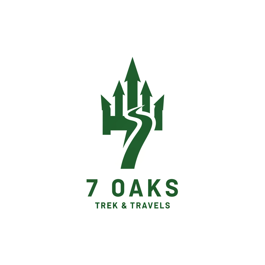 AI Design for logo Create a minimalist, highly symbolic brand mark/logo for an adventure company named "7 Oaks - Trek and Travels".
The design must NOT be a detailed badge, patch, illustration, or scenic landscape. Instead, it must be a pure, ultra-simple geometric or fluid icon that carries deep meaning, similar to the simplicity of the Nike Swoosh or Adidas Three Stripes. It must be instantly recognizable, modern, and rugged.
Incorporate three hidden meanings into a single unified vector shape:
1. Seven Oaks: Stylize the number "7" so that it seamlessly transforms into or mimics a sharp oak leaf silhouette or a cluster of seven minimal lines/nodes.
2. The Himalayas: The overall silhouette of the mark must evoke the sharp, towering peaks of a mountain range (specifically a trident peak or an upward-climbing arrowhead).
3. Trekking/Travel: A continuous, fluid path or line that cuts through the shape, symbolizing a journey, navigation, and endless trails.
Design constraints:
- Style: Ultra-minimalist, flat vector icon, clean lines, strong negative space.
- Colors: High-contrast monochrome (solid forest green or dark charcoal on a crisp white background). No gradients, no complex shading.
- Presentation: Display the standalone symbol centered on a clean background. Underneath the symbol, use a clean, rugged, all-caps sans-serif typography for "7 OAKS" and a smaller secondary line for "TREK & TRAVELS".
- Execution: Make it look premium, timeless, and easily stampable on outdoor gear, apparel, and hardware.