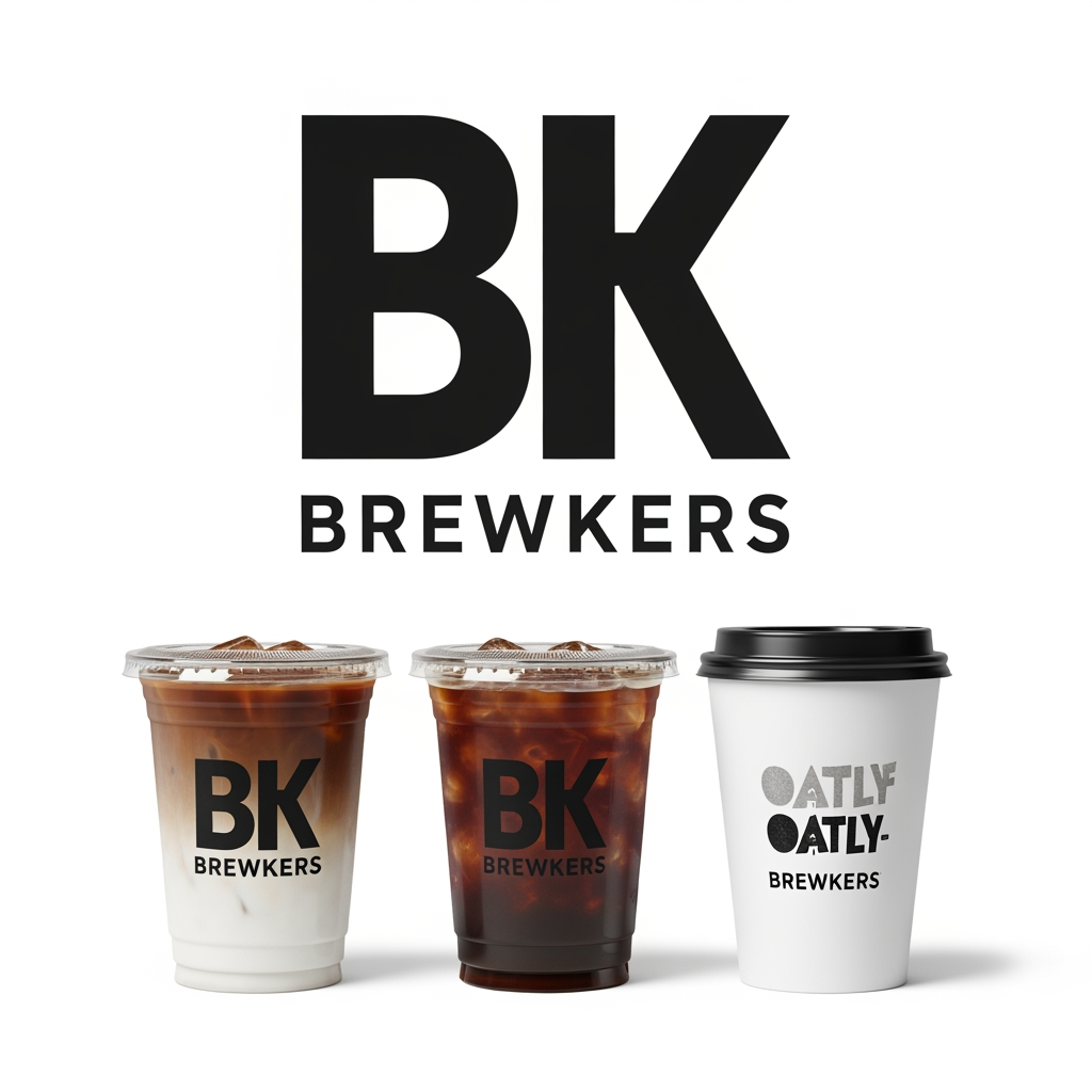AI Design for Design a bold, modern, Gen Z-focused coffee brand identity for a coffee startup named "BREWKERS".
The current logo is too traditional and circular. Create a logo and cup branding system that looks memorable, Instagram-worthy, and instantly recognizable from a distance.
Style Direction:
* Premium streetwear aesthetic
* Minimal but bold
* Inspired by brands like Supreme, Nike, Blue Tokai, Oatly, Liquid Death, and modern fashion labels
* Designed primarily for takeaway coffee cups, not signboards
Logo Concept:
* Create a large oversized "BK" monogram
* Thick, clean lines
* Modern typography
* No circular badge
* No vintage coffee shop elements
* No complicated illustrations
* Simple enough to recognize in 1 second
Cup Design:
* Transparent iced coffee cup
* Huge BK monogram occupying 60-70% of the cup surface
* Small "BREWKERS" wordmark underneath
* Premium matte sticker appearance
* Minimal colors: black, cream, coffee brown
* Strong shelf visibility
* Designed to encourage Instagram photos
Tagline Options:
* Brewed To Be Remembered
* Fuel For Main Characters
* Brew First. Panic Later.
* Coffee That Hits Different.
Mockup Requirements:
* Show the logo on iced coffee cups
* Show takeaway hot cups
* Show cup sleeves
* Show social-media-friendly product photography
* Luxury café environment
* High-end branding presentation
* Behance and Pentagram quality branding
Overall Feeling:
A coffee brand that Gen Z would photograph, share on Instagram, remember after drinking, and proudly carry around as a lifestyle statement rather than just a coffee cup.