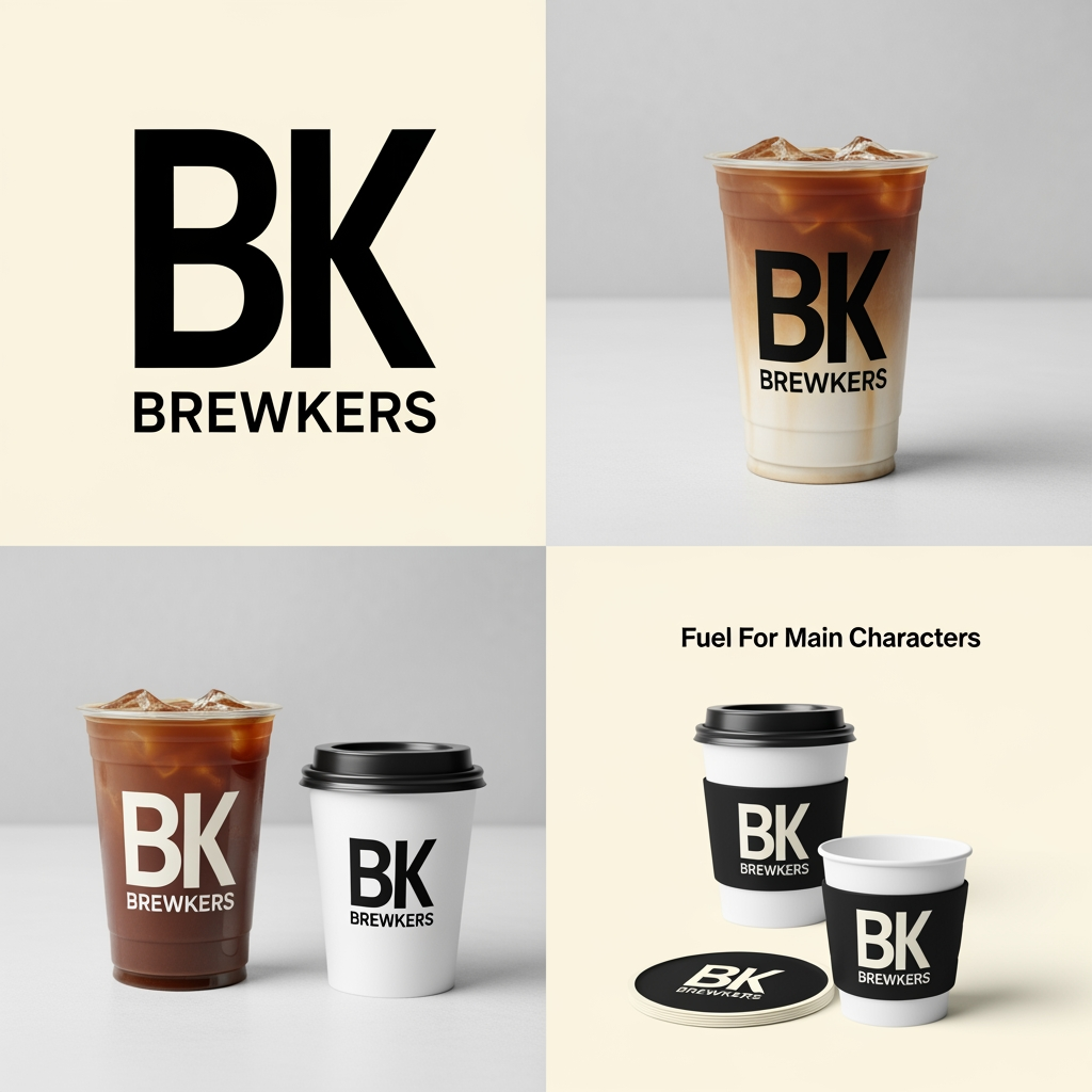 AI Design for Design a bold, modern, Gen Z-focused coffee brand identity for a coffee startup named "BREWKERS".
The current logo is too traditional and circular. Create a logo and cup branding system that looks memorable, Instagram-worthy, and instantly recognizable from a distance.
Style Direction:
* Premium streetwear aesthetic
* Minimal but bold
* Inspired by brands like Supreme, Nike, Blue Tokai, Oatly, Liquid Death, and modern fashion labels
* Designed primarily for takeaway coffee cups, not signboards
Logo Concept:
* Create a large oversized "BK" monogram
* Thick, clean lines
* Modern typography
* No circular badge
* No vintage coffee shop elements
* No complicated illustrations
* Simple enough to recognize in 1 second
Cup Design:
* Transparent iced coffee cup
* Huge BK monogram occupying 60-70% of the cup surface
* Small "BREWKERS" wordmark underneath
* Premium matte sticker appearance
* Minimal colors: black, cream, coffee brown
* Strong shelf visibility
* Designed to encourage Instagram photos
Tagline Options:
* Brewed To Be Remembered
* Fuel For Main Characters
* Brew First. Panic Later.
* Coffee That Hits Different.
Mockup Requirements:
* Show the logo on iced coffee cups
* Show takeaway hot cups
* Show cup sleeves
* Show social-media-friendly product photography
* Luxury café environment
* High-end branding presentation
* Behance and Pentagram quality branding
Overall Feeling:
A coffee brand that Gen Z would photograph, share on Instagram, remember after drinking, and proudly carry around as a lifestyle statement rather than just a coffee cup.