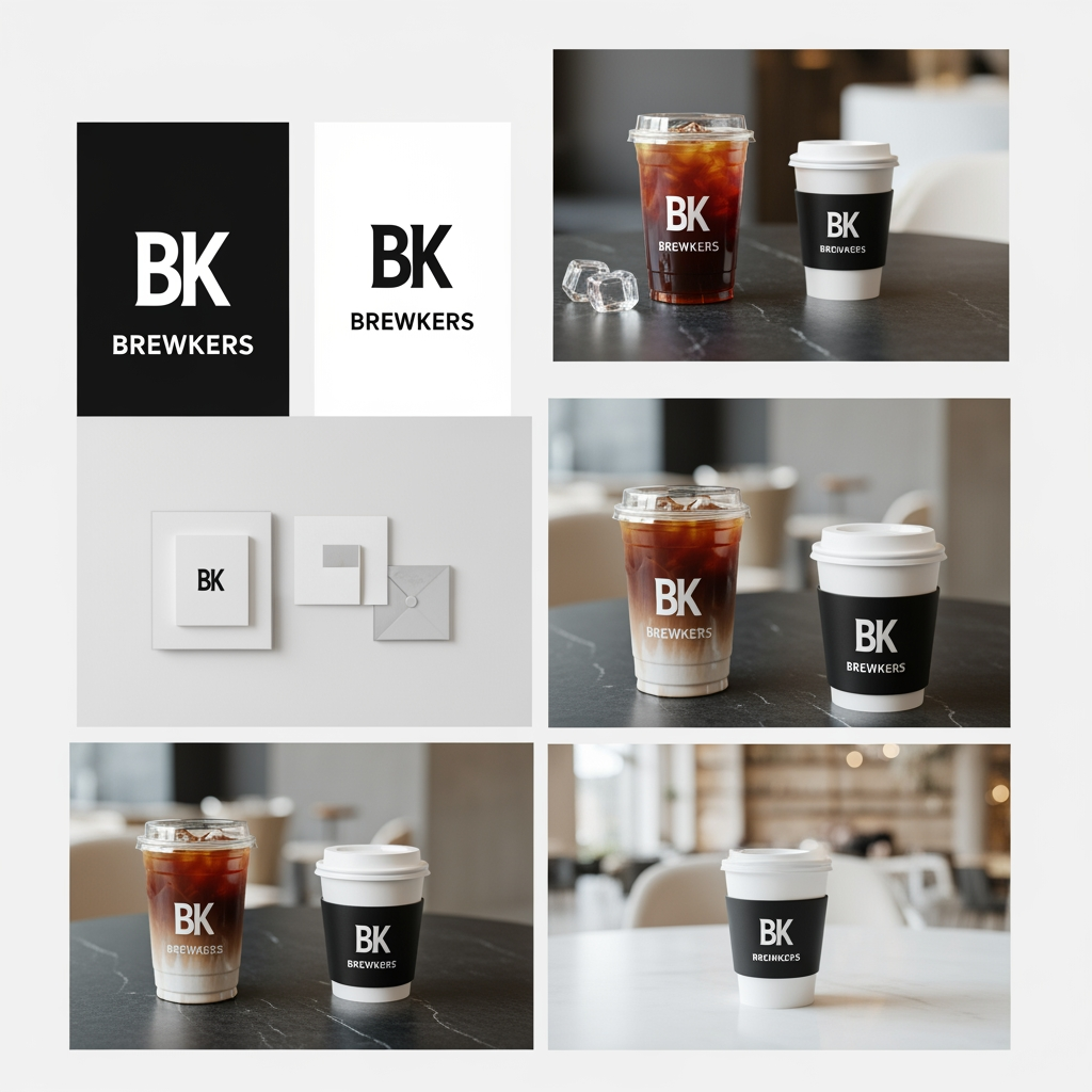 AI Design for Design a bold, modern, Gen Z-focused coffee brand identity for a coffee startup named "BREWKERS".
The current logo is too traditional and circular. Create a logo and cup branding system that looks memorable, Instagram-worthy, and instantly recognizable from a distance.
Style Direction:
* Premium streetwear aesthetic
* Minimal but bold
* Inspired by brands like Supreme, Nike, Blue Tokai, Oatly, Liquid Death, and modern fashion labels
* Designed primarily for takeaway coffee cups, not signboards
Logo Concept:
* Create a large oversized "BK" monogram
* Thick, clean lines
* Modern typography
* No circular badge
* No vintage coffee shop elements
* No complicated illustrations
* Simple enough to recognize in 1 second
Cup Design:
* Transparent iced coffee cup
* Huge BK monogram occupying 60-70% of the cup surface
* Small "BREWKERS" wordmark underneath
* Premium matte sticker appearance
* Minimal colors: black, cream, coffee brown
* Strong shelf visibility
* Designed to encourage Instagram photos
Tagline Options:
* Brewed To Be Remembered
* Fuel For Main Characters
* Brew First. Panic Later.
* Coffee That Hits Different.
Mockup Requirements:
* Show the logo on iced coffee cups
* Show takeaway hot cups
* Show cup sleeves
* Show social-media-friendly product photography
* Luxury café environment
* High-end branding presentation
* Behance and Pentagram quality branding
Overall Feeling:
A coffee brand that Gen Z would photograph, share on Instagram, remember after drinking, and proudly carry around as a lifestyle statement rather than just a coffee cup.