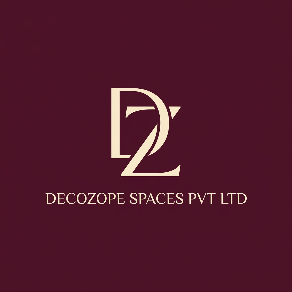 AI Design for A sophisticated and modern minimalist logo for 'DECOZOPE SPACES PVT LTD' set against a seamless deep burgundy background. The design features a stylized, artistic interlocking of the letters 'D' and 'Z' as the central focal point, rendered in a warm cream color with elegant, clean lines. The typography is professional and refined, creating a balanced and high-end brand identity.