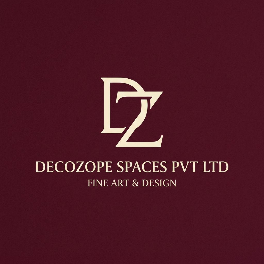 AI Design for A sophisticated and modern minimalist logo for 'DECOZOPE SPACES PVT LTD' set against a seamless deep burgundy background. The design features a stylized, artistic interlocking of the letters 'D' and 'Z' as the central focal point, rendered in a warm cream color with elegant, clean lines. The typography is professional and refined, creating a balanced and high-end brand identity.