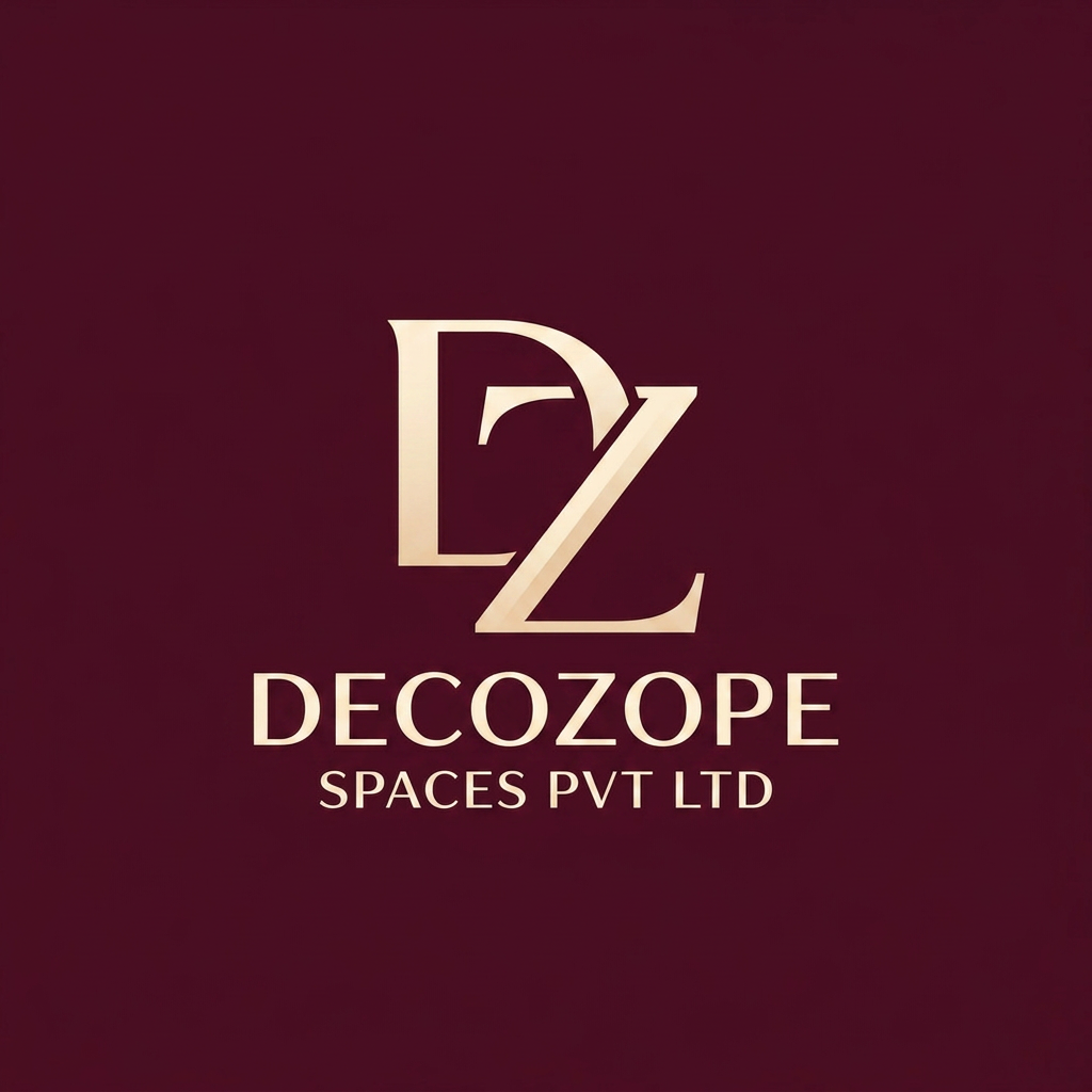 AI Design for A sophisticated and modern minimalist logo for 'DECOZOPE SPACES PVT LTD' set against a seamless deep burgundy background. The design features a stylized, artistic interlocking of the letters 'D' and 'Z' as the central focal point, rendered in a warm cream color with elegant, clean lines. The typography is professional and refined, creating a balanced and high-end brand identity.