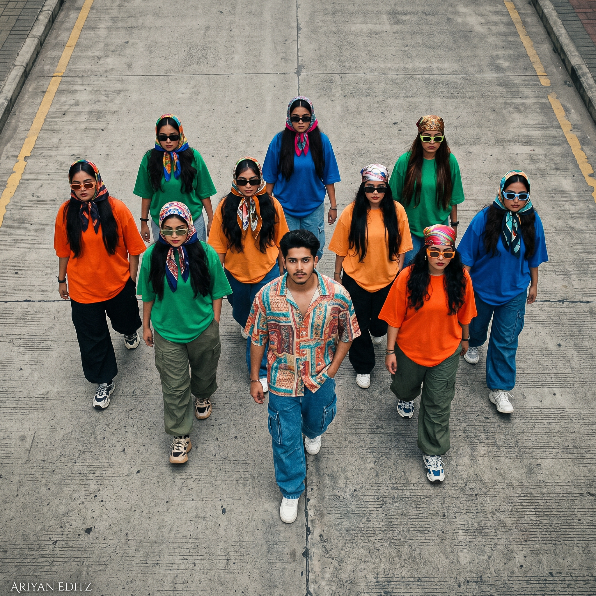 AI Design for Ultra-realistic cinematic aerial drone group photo, true 90° top-down view.
Professional drone camera from high above, no sky, no horizon only ground visible.9 people walking together with bold, confident street style attitude.8 young women wearing modern orna (headscarf), baggy pants, colorful oversized t-shirts, all with stylish sunglasses.Main subject (me) leading in front.Face 100% identical to reference photo.wearing colorful oversized half-sleeve collar shirt, semi-blue baggy cargo jeans, white sneakers.one hand in pocket while walking, relaxed but fearless posture.Realistic street/concrete ground, natural shadows directly beneath people.Modern, bold, ultra-realistic, cinematic color grading, natural skin tones.Strict: Only top-down drone view. No front, no side, no sky.Add a small, elegant signature text ARIYAN EDITZ " in the bottom left corner.