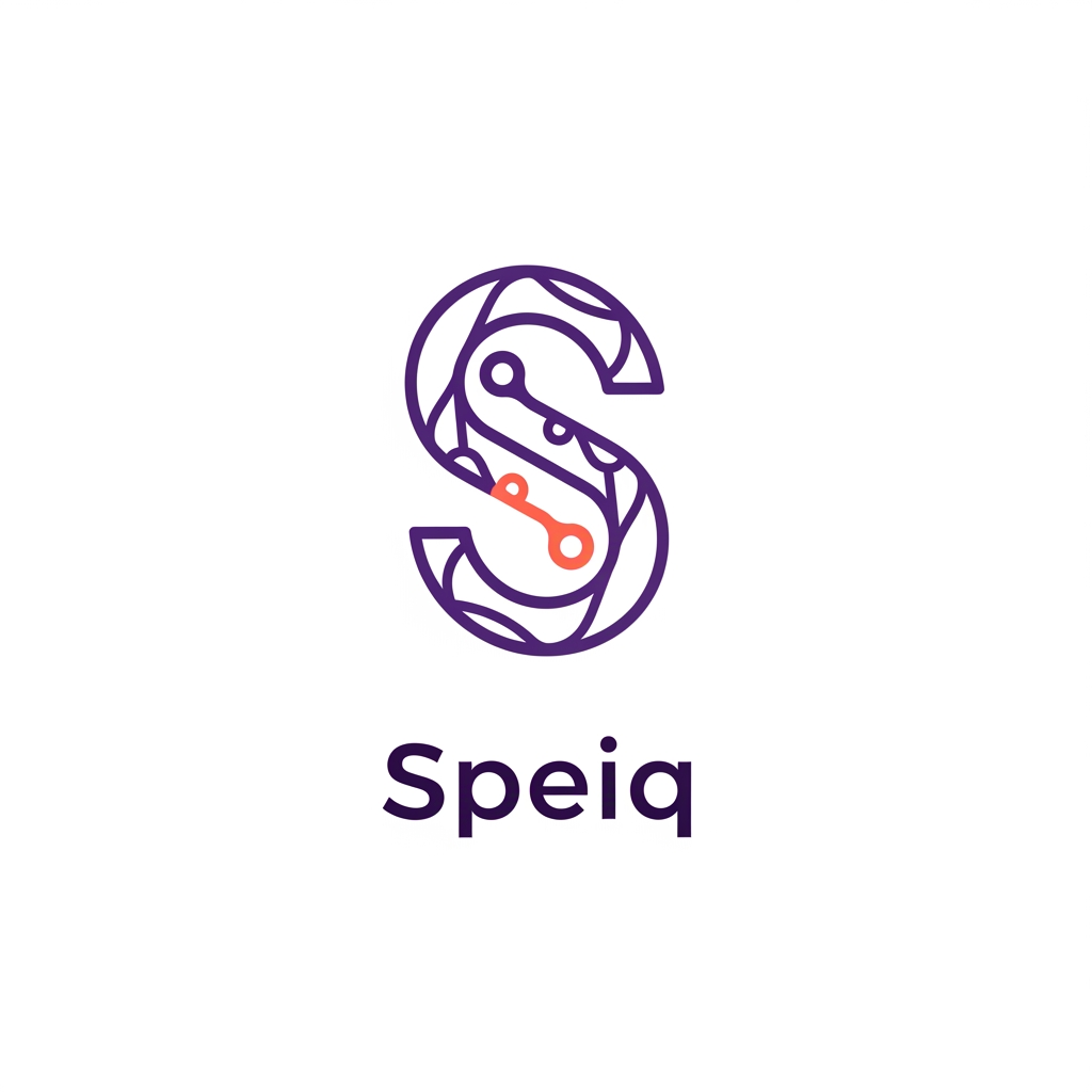 AI Design for Design a world-class SaaS startup logo for the brand "Speiq". Create a unique abstract symbol based on the letter S that subtly combines social connectivity, intelligence, data flow, and communication. Minimalist geometric design, clean vector style, premium technology aesthetic, memorable icon, scalable for app icons and websites, modern typography, professional startup branding, negative space usage, balanced proportions, elegant curves, futuristic but simple, suitable for a billion-dollar software company. White background. High-end logo design, Behance and Dribbble quality. Colors: deep violet, electric purple, and coral accent. No generic chat bubbles, no microphones, no stock icons, no mascots, no gradients overload.