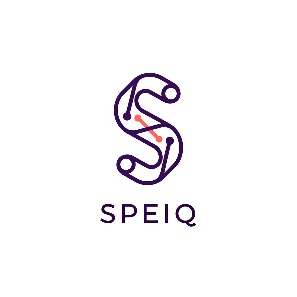 AI Design for Design a world-class SaaS startup logo for the brand "Speiq". Create a unique abstract symbol based on the letter S that subtly combines social connectivity, intelligence, data flow, and communication. Minimalist geometric design, clean vector style, premium technology aesthetic, memorable icon, scalable for app icons and websites, modern typography, professional startup branding, negative space usage, balanced proportions, elegant curves, futuristic but simple, suitable for a billion-dollar software company. White background. High-end logo design, Behance and Dribbble quality. Colors: deep violet, electric purple, and coral accent. No generic chat bubbles, no microphones, no stock icons, no mascots, no gradients overload.