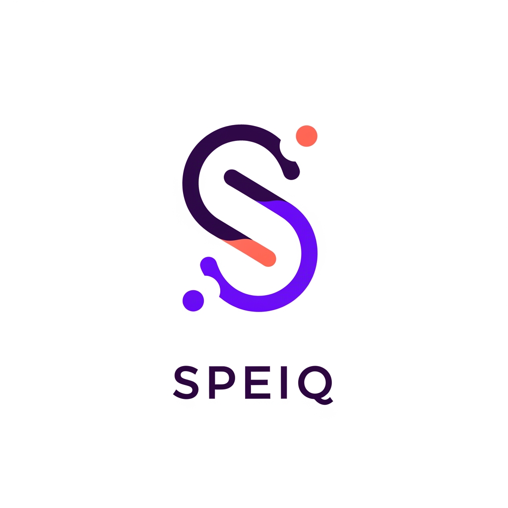 AI Design for Design a world-class SaaS startup logo for the brand "Speiq". Create a unique abstract symbol based on the letter S that subtly combines social connectivity, intelligence, data flow, and communication. Minimalist geometric design, clean vector style, premium technology aesthetic, memorable icon, scalable for app icons and websites, modern typography, professional startup branding, negative space usage, balanced proportions, elegant curves, futuristic but simple, suitable for a billion-dollar software company. White background. High-end logo design, Behance and Dribbble quality. Colors: deep violet, electric purple, and coral accent. No generic chat bubbles, no microphones, no stock icons, no mascots, no gradients overload.