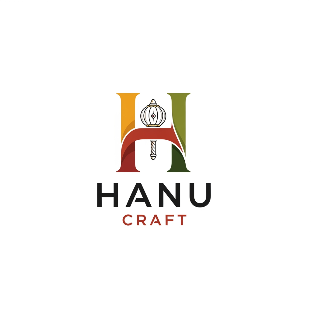 AI Design for give me Hanu Craft name logo pleasegenerate logo and w ith hanuman dadas small vector गदा
but e gada mne small vector ma aapje and Font style stylist aapje and Hanu ma gada ne
H
ma et krj
and color code aam craft ma hoi e type ma and logo mst seathetic and logo size 512*512 aap n