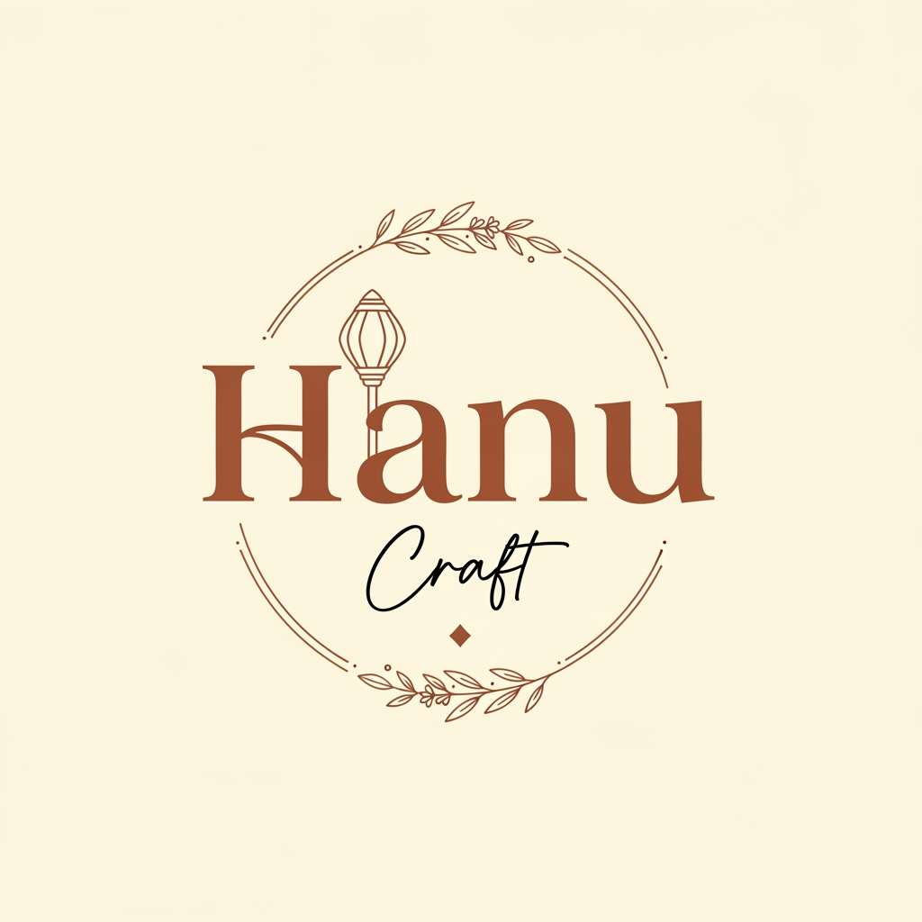 AI Design for Here's a premium English prompt for your Hanu Craft logo:
Prompt:
Design a premium handcrafted logo for "Hanu Craft" featuring a small minimalist Hanuman Gada (mace) seamlessly integrated into the letter H of "Hanu". The gada should act as one of the vertical stems of the H, subtle and elegant rather than dominant. Use a stylish luxury serif font for Hanu with beautiful curves and refined character details. Place Craft beneath in a sophisticated handwritten signature-style script font.
Add a thin circular artisan emblem around the logo with delicate botanical accents such as small leaves or floral line art to enhance the handcrafted aesthetic. Keep the gada small, clean, and vector-based with modern geometric proportions. Use a warm earthy terracotta brown color palette on a soft cream background for a premium handmade brand identity.
The design should feel luxurious, timeless, minimal, artisan-crafted, and memorable. Focus on balanced negative space, elegant typography, subtle Indian cultural inspiration, and high-end branding suitable for handmade products, gifts, home décor, and craft businesses.
Style: Minimalist, Luxury, Handcrafted, Aesthetic, Modern Artisan
Colors:
Terracotta Brown (#7B4B27)
Soft Cream (#F5EDE3)
Typography:
Hanu: Stylish luxury serif font (similar to Trixy Family style)
Craft: Elegant cursive signature script
Special Element:
Small vector Hanuman Gada integrated into the H
Thin botanical circular frame
Tiny diamond accent below "Craft"
Clean vector logo
Flat design
8K quality
White/Cream background
Premium luxury handmade brand aesthetic