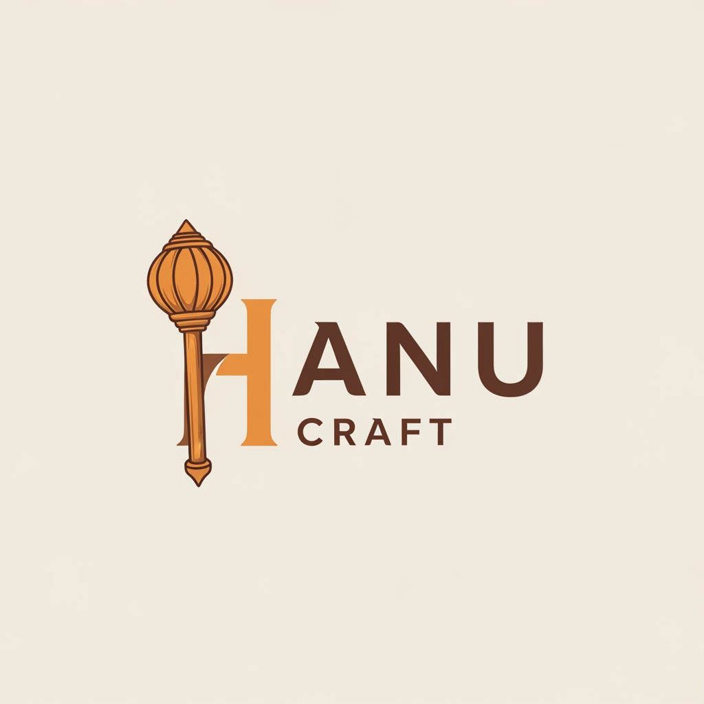 AI Design for give me Hanu Craft name logo pleasegenerate logo and w ith hanuman dadas small vector गदा
but e gada mne small vector ma aapje and Font style stylist aapje and Hanu ma gada ne
H
ma et krj
and color code aam craft ma hoi e type ma and logo mst seathetic and logo size 512*512 aap n