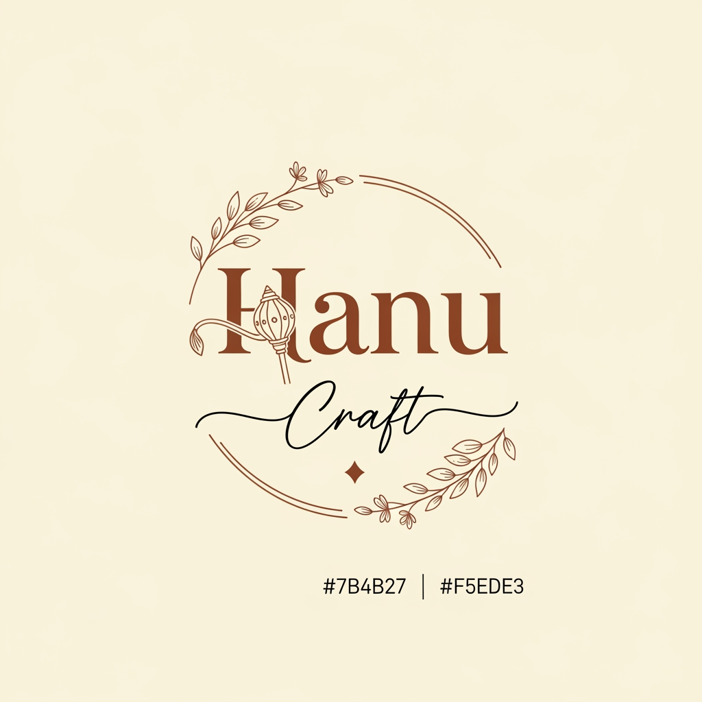 AI Design for Here's a premium English prompt for your Hanu Craft logo:
Prompt:
Design a premium handcrafted logo for "Hanu Craft" featuring a small minimalist Hanuman Gada (mace) seamlessly integrated into the letter H of "Hanu". The gada should act as one of the vertical stems of the H, subtle and elegant rather than dominant. Use a stylish luxury serif font for Hanu with beautiful curves and refined character details. Place Craft beneath in a sophisticated handwritten signature-style script font.
Add a thin circular artisan emblem around the logo with delicate botanical accents such as small leaves or floral line art to enhance the handcrafted aesthetic. Keep the gada small, clean, and vector-based with modern geometric proportions. Use a warm earthy terracotta brown color palette on a soft cream background for a premium handmade brand identity.
The design should feel luxurious, timeless, minimal, artisan-crafted, and memorable. Focus on balanced negative space, elegant typography, subtle Indian cultural inspiration, and high-end branding suitable for handmade products, gifts, home décor, and craft businesses.
Style: Minimalist, Luxury, Handcrafted, Aesthetic, Modern Artisan
Colors:
Terracotta Brown (#7B4B27)
Soft Cream (#F5EDE3)
Typography:
Hanu: Stylish luxury serif font (similar to Trixy Family style)
Craft: Elegant cursive signature script
Special Element:
Small vector Hanuman Gada integrated into the H
Thin botanical circular frame
Tiny diamond accent below "Craft"
Clean vector logo
Flat design
8K quality
White/Cream background
Premium luxury handmade brand aesthetic