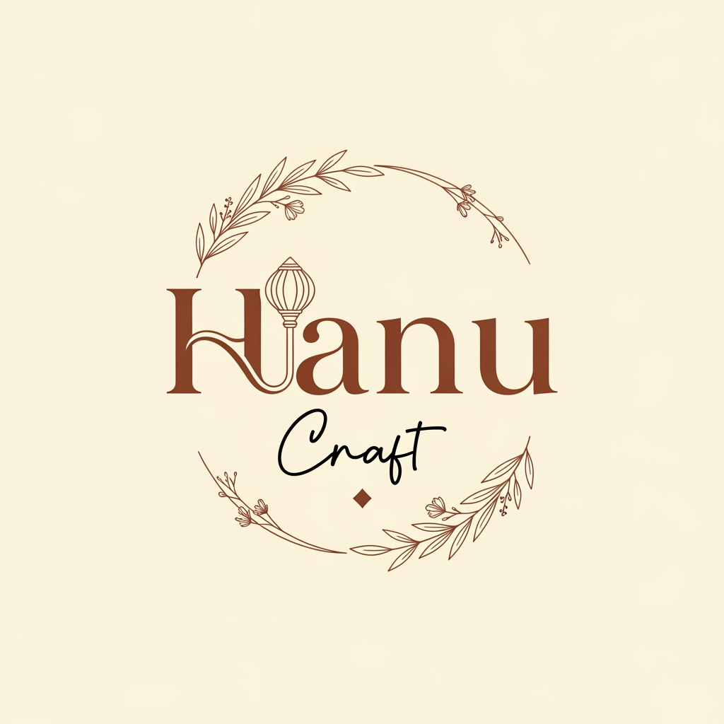 AI Design for Here's a premium English prompt for your Hanu Craft logo:
Prompt:
Design a premium handcrafted logo for "Hanu Craft" featuring a small minimalist Hanuman Gada (mace) seamlessly integrated into the letter H of "Hanu". The gada should act as one of the vertical stems of the H, subtle and elegant rather than dominant. Use a stylish luxury serif font for Hanu with beautiful curves and refined character details. Place Craft beneath in a sophisticated handwritten signature-style script font.
Add a thin circular artisan emblem around the logo with delicate botanical accents such as small leaves or floral line art to enhance the handcrafted aesthetic. Keep the gada small, clean, and vector-based with modern geometric proportions. Use a warm earthy terracotta brown color palette on a soft cream background for a premium handmade brand identity.
The design should feel luxurious, timeless, minimal, artisan-crafted, and memorable. Focus on balanced negative space, elegant typography, subtle Indian cultural inspiration, and high-end branding suitable for handmade products, gifts, home décor, and craft businesses.
Style: Minimalist, Luxury, Handcrafted, Aesthetic, Modern Artisan
Colors:
Terracotta Brown (#7B4B27)
Soft Cream (#F5EDE3)
Typography:
Hanu: Stylish luxury serif font (similar to Trixy Family style)
Craft: Elegant cursive signature script
Special Element:
Small vector Hanuman Gada integrated into the H
Thin botanical circular frame
Tiny diamond accent below "Craft"
Clean vector logo
Flat design
8K quality
White/Cream background
Premium luxury handmade brand aesthetic