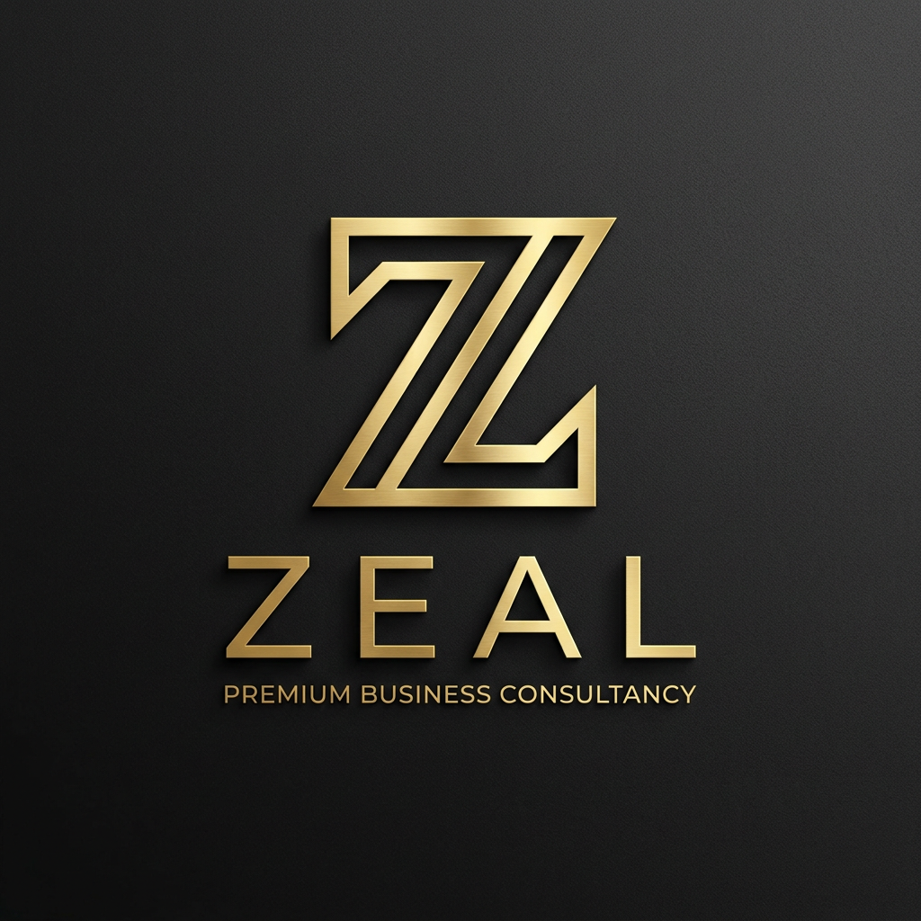 AI Design for A sophisticated and modern minimalist logo for a premium business consultancy named 'Zeal'. The design features an abstract, elegant emblem incorporating the letter Z with sleek, sharp geometric lines and a luxurious gold-on-matte-black color palette, captured in high-definition vector style with refined textures and clean negative space.