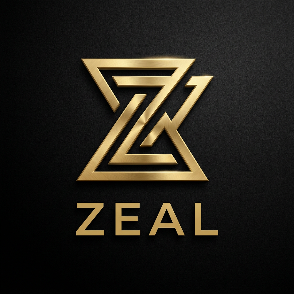 AI Design for A sophisticated and modern minimalist logo for a premium business consultancy named 'Zeal'. The design features an abstract, elegant emblem incorporating the letter Z with sleek, sharp geometric lines and a luxurious gold-on-matte-black color palette, captured in high-definition vector style with refined textures and clean negative space.