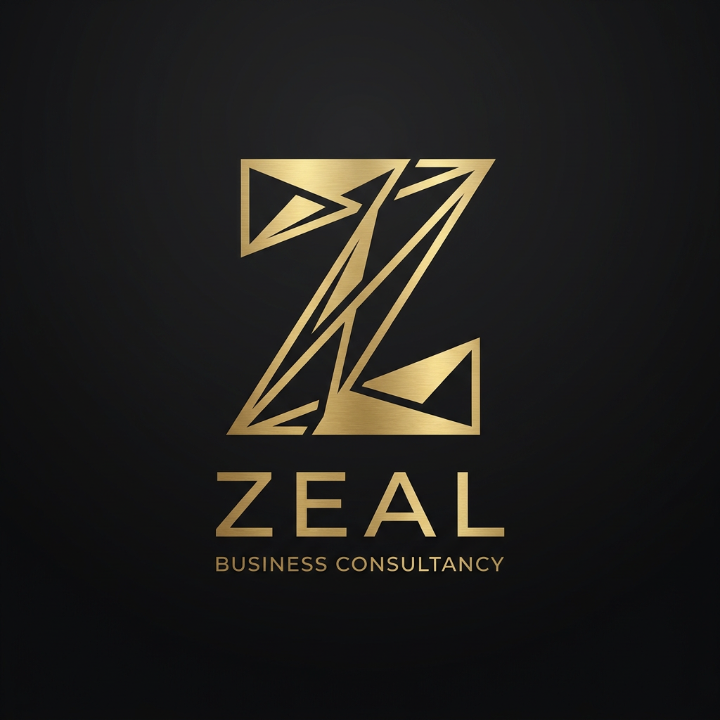 AI Design for A sophisticated and modern minimalist logo for a premium business consultancy named 'Zeal'. The design features an abstract, elegant emblem incorporating the letter Z with sleek, sharp geometric lines and a luxurious gold-on-matte-black color palette, captured in high-definition vector style with refined textures and clean negative space.