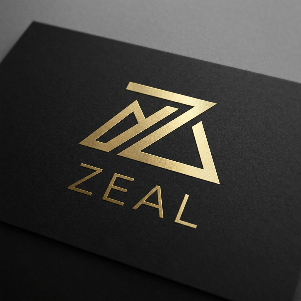 AI Design for A sophisticated and modern minimalist logo for a premium business consultancy named 'Zeal'. The design features an abstract, elegant emblem incorporating the letter Z with sleek, sharp geometric lines and a luxurious gold-on-matte-black color palette, captured in high-definition vector style with refined textures and clean negative space.