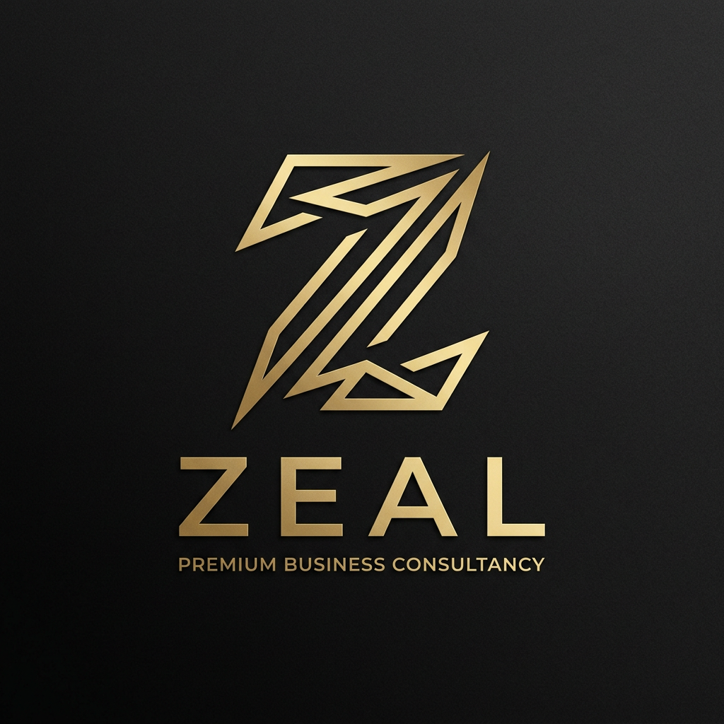 AI Design for A sophisticated and modern minimalist logo for a premium business consultancy named 'Zeal'. The design features an abstract, elegant emblem incorporating the letter Z with sleek, sharp geometric lines and a luxurious gold-on-matte-black color palette, captured in high-definition vector style with refined textures and clean negative space.