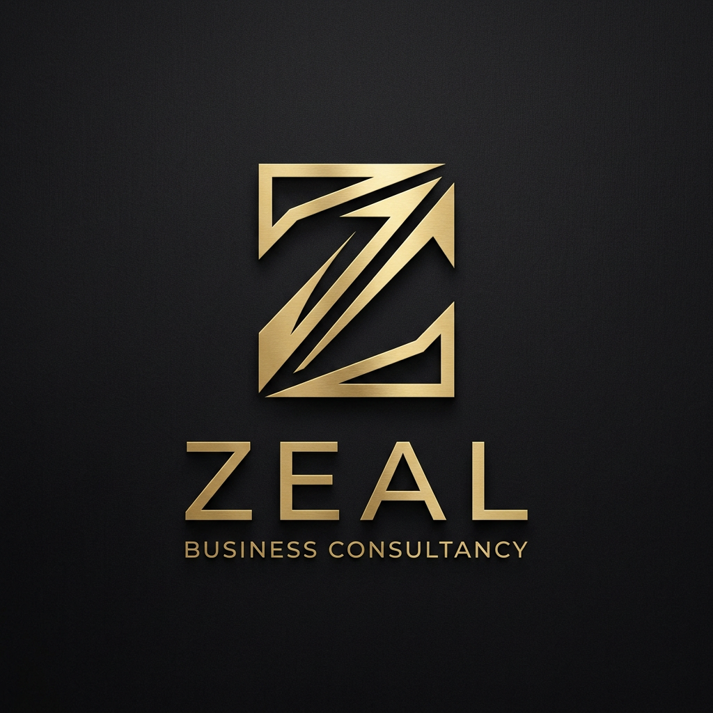 AI Design for A sophisticated and modern minimalist logo for a premium business consultancy named 'Zeal'. The design features an abstract, elegant emblem incorporating the letter Z with sleek, sharp geometric lines and a luxurious gold-on-matte-black color palette, captured in high-definition vector style with refined textures and clean negative space.