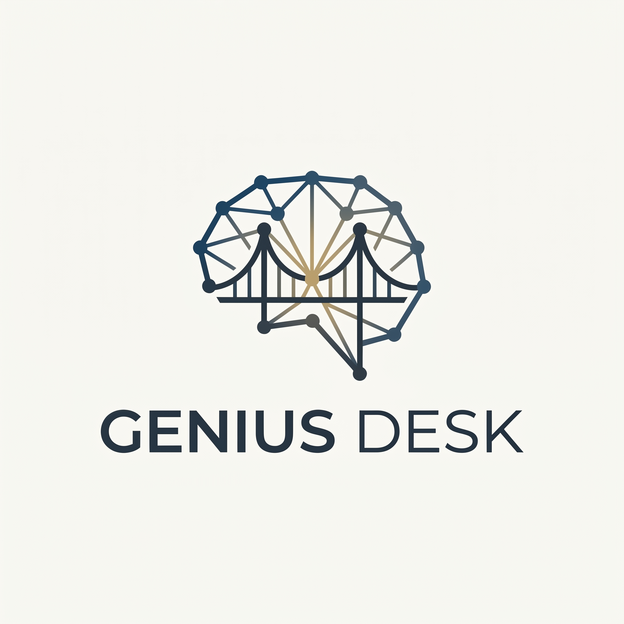 AI Design for A minimalist logo design for 'Genius Desk' featuring a clean, geometric icon that symbolizes connectivity and knowledge exchange. The design integrates subtle lines that converge toward a central point, representing the bridge between users and a diverse network of experts. Use a sophisticated, professional color palette with balanced negative space, clean typography, and a modern aesthetic suitable for a versatile consulting platform.