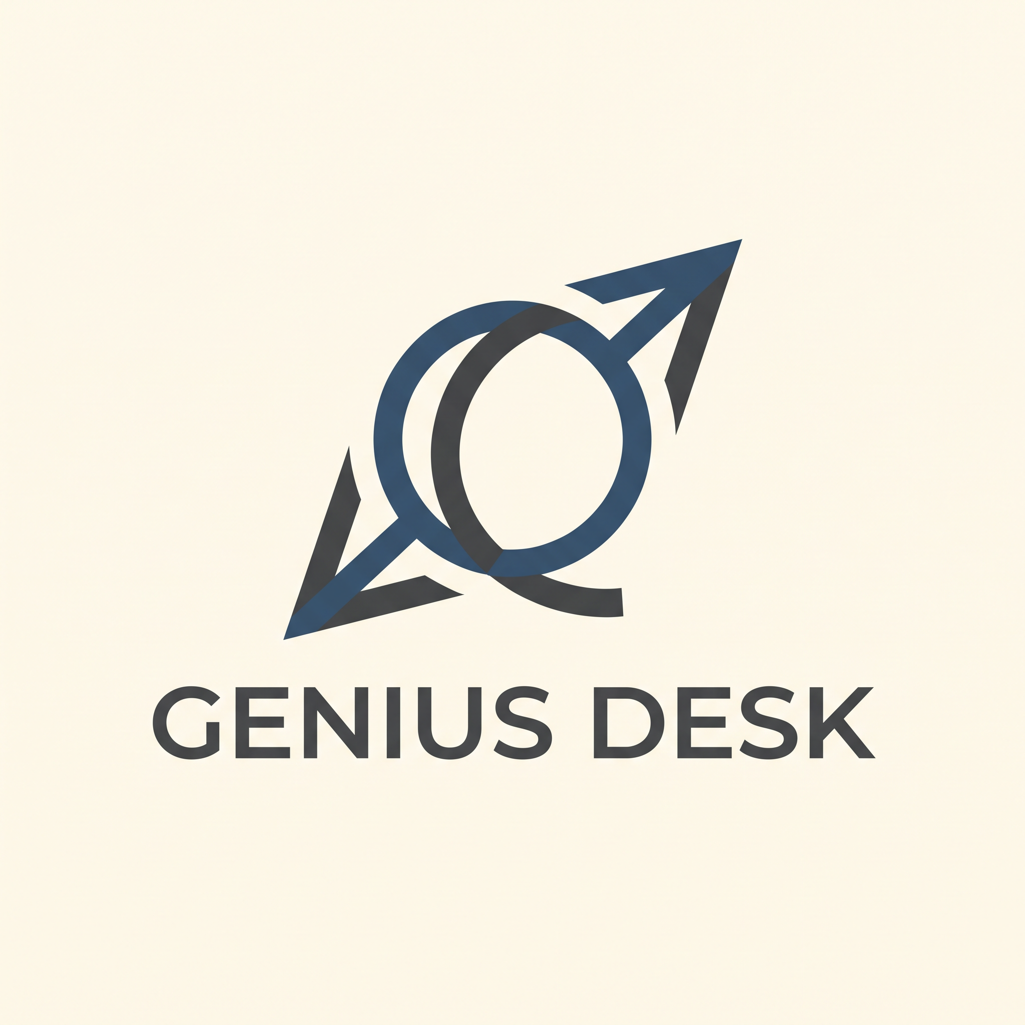 AI Design for A minimalist logo design for 'Genius Desk' featuring a clean, geometric icon that symbolizes connectivity and knowledge exchange. The design integrates subtle lines that converge toward a central point, representing the bridge between users and a diverse network of experts. Use a sophisticated, professional color palette with balanced negative space, clean typography, and a modern aesthetic suitable for a versatile consulting platform.