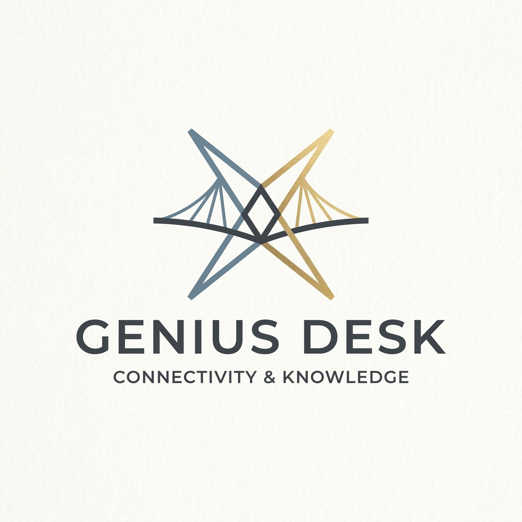 AI Design for A minimalist logo design for 'Genius Desk' featuring a clean, geometric icon that symbolizes connectivity and knowledge exchange. The design integrates subtle lines that converge toward a central point, representing the bridge between users and a diverse network of experts. Use a sophisticated, professional color palette with balanced negative space, clean typography, and a modern aesthetic suitable for a versatile consulting platform.
