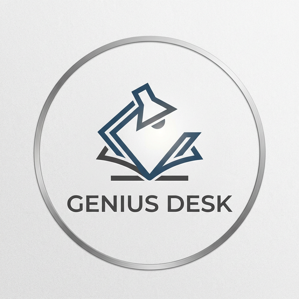 AI Design for A minimalist logo design for 'Genius Desk' featuring a clean, geometric icon that symbolizes connectivity and knowledge exchange. The design integrates subtle lines that converge toward a central point, representing the bridge between users and a diverse network of experts. Use a sophisticated, professional color palette with balanced negative space, clean typography, and a modern aesthetic suitable for a versatile consulting platform.