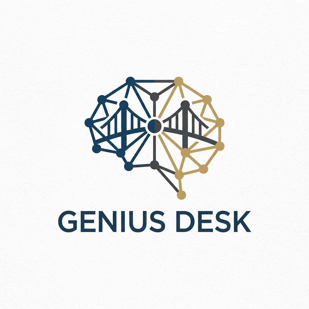 AI Design for A minimalist logo design for 'Genius Desk' featuring a clean, geometric icon that symbolizes connectivity and knowledge exchange. The design integrates subtle lines that converge toward a central point, representing the bridge between users and a diverse network of experts. Use a sophisticated, professional color palette with balanced negative space, clean typography, and a modern aesthetic suitable for a versatile consulting platform.