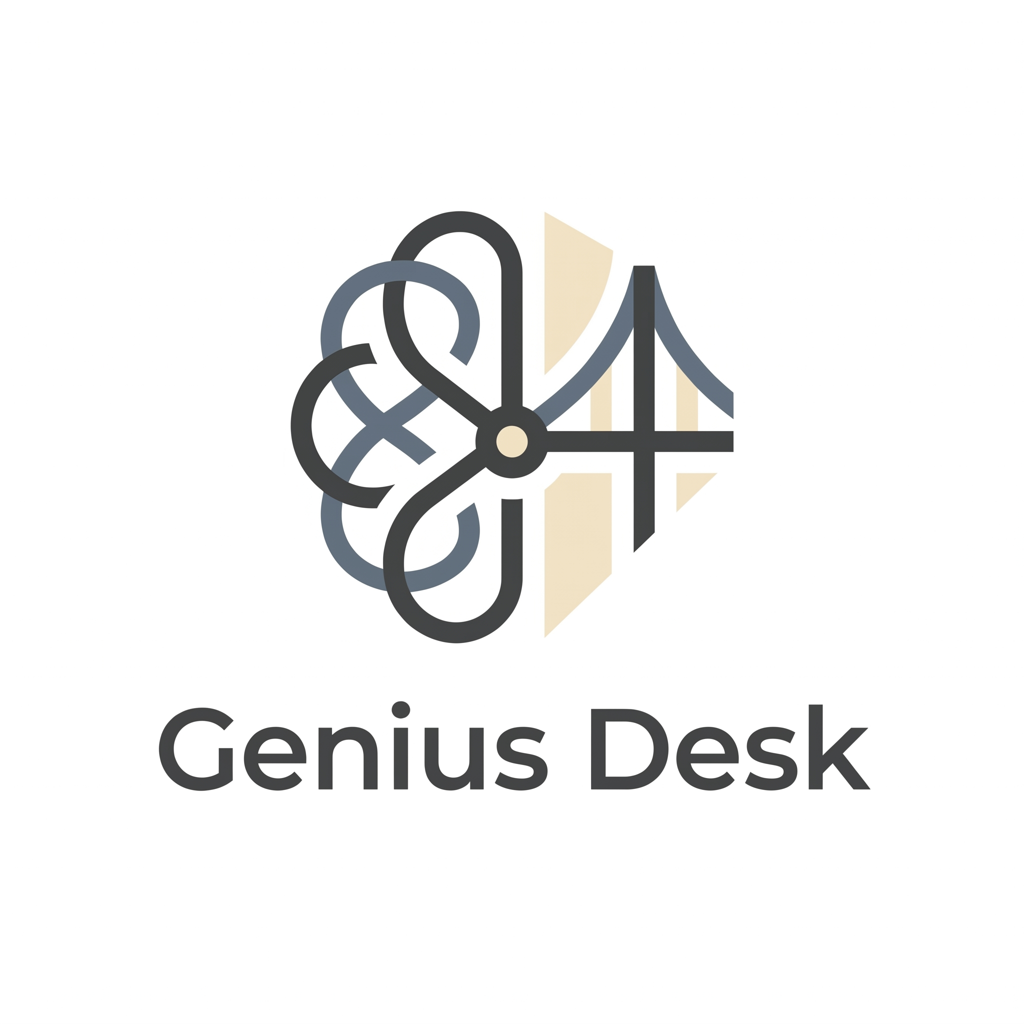 AI Design for A minimalist logo design for 'Genius Desk' featuring a clean, geometric icon that symbolizes connectivity and knowledge exchange. The design integrates subtle lines that converge toward a central point, representing the bridge between users and a diverse network of experts. Use a sophisticated, professional color palette with balanced negative space, clean typography, and a modern aesthetic suitable for a versatile consulting platform.
