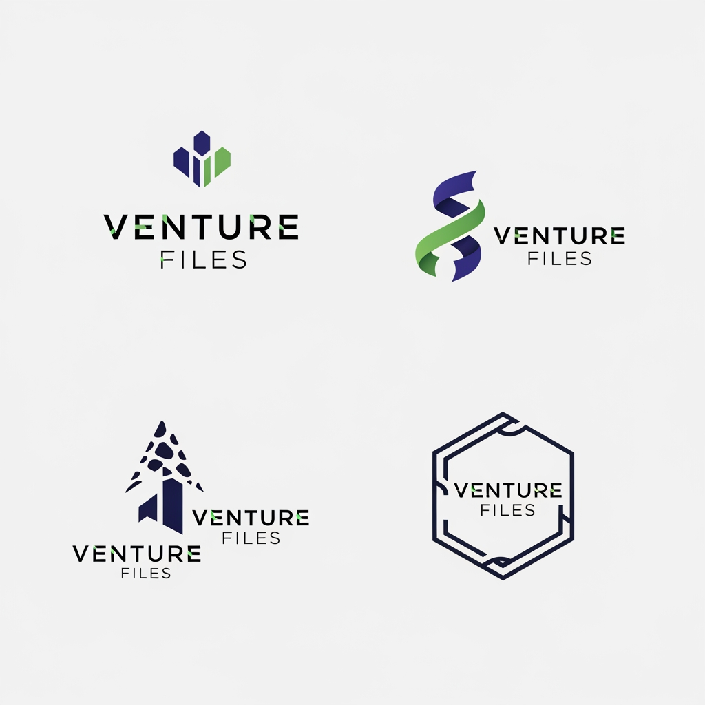 AI Design for Generate a logo of brand name Venture Files and generate at least 4 different variations logos with sleek simple but a unique style which no one has ever seen and it can't be copied.