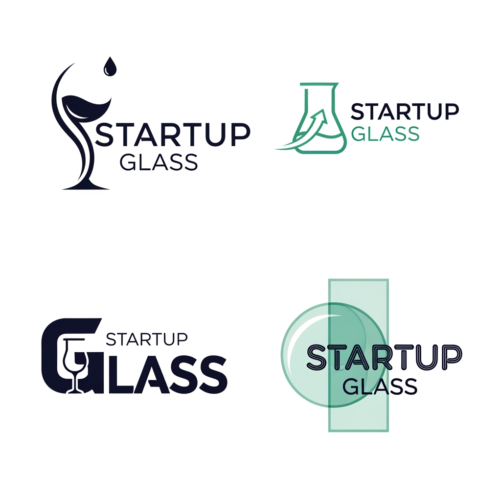 AI Design for Generate a logo of brand name startup glass and generate at least 4 different variations logos with sleek simple but a unique style which no one has ever seen and it can't be copied.
