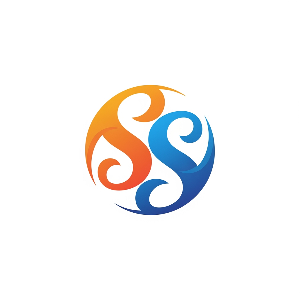 AI Design for SS in blue and orange. No 3D simple and traditional. first orange and the blue and more curvy. calligraphy style remove background and circular logo