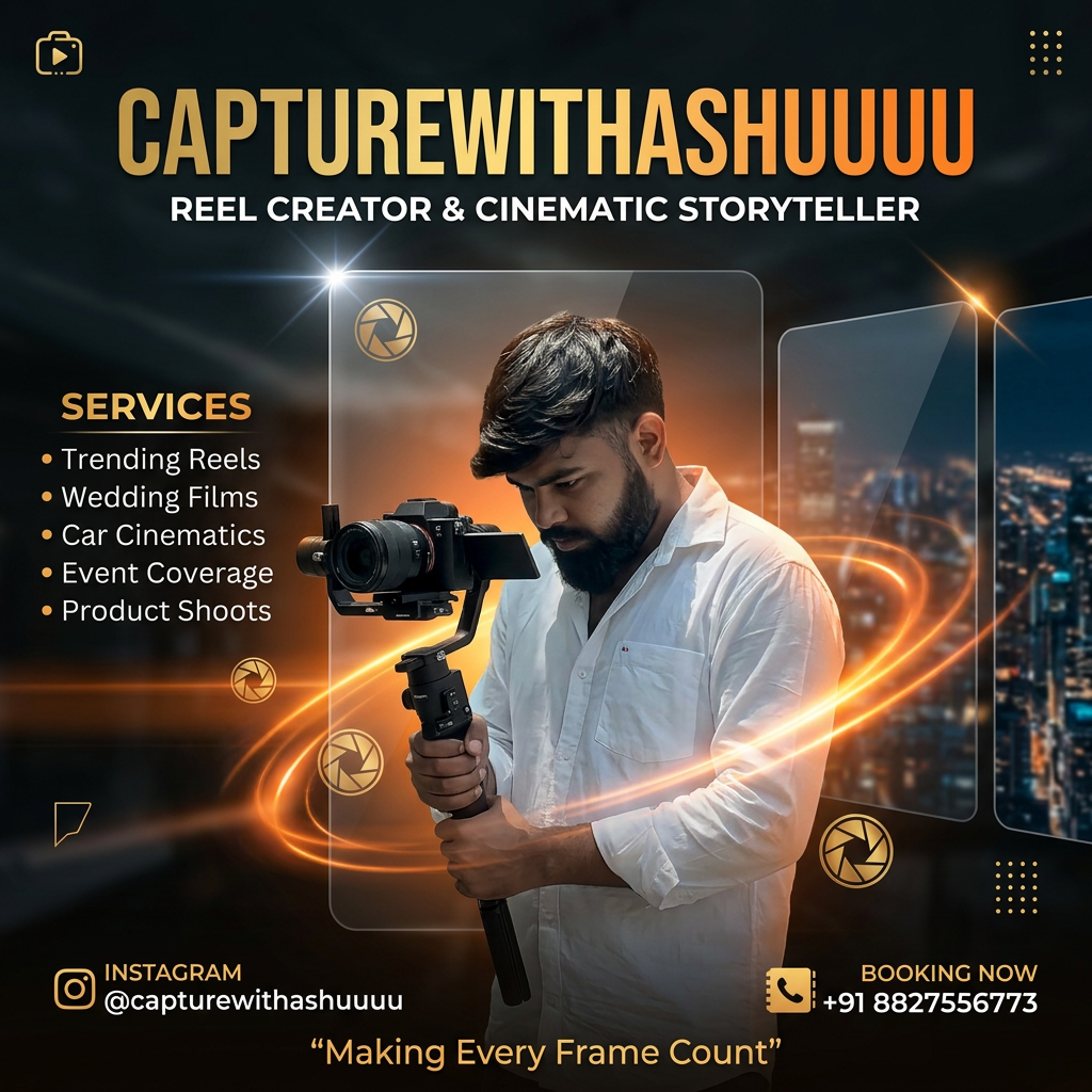 AI Design for Design a luxury Instagram Reel Creator advertisement poster using my uploaded image. Keep my face exactly unchanged and place me in a stylish cinematic pose holding a professional camera gimbal. Use black, orange, white, and gold accents with modern glassmorphism effects.
Add glowing cinematic light streaks, camera shutter graphics, lens flare effects, and premium branding elements.
Title:
CAPTUREWITHASHUUUU
Subtitle:
REEL CREATOR & CINEMATIC STORYTELLER
Services Section:
Trending Reels
Wedding Films
Car Cinematics
Event Coverage
Product Shoots
Instagram:
@capturewithashuuuu
Booking Now:
+91 8827556773
Tagline:
Making Every Frame Count
Luxury creator branding, cinematic orange glow, ultra detailed, premium Instagram marketing poster, 4K quality.