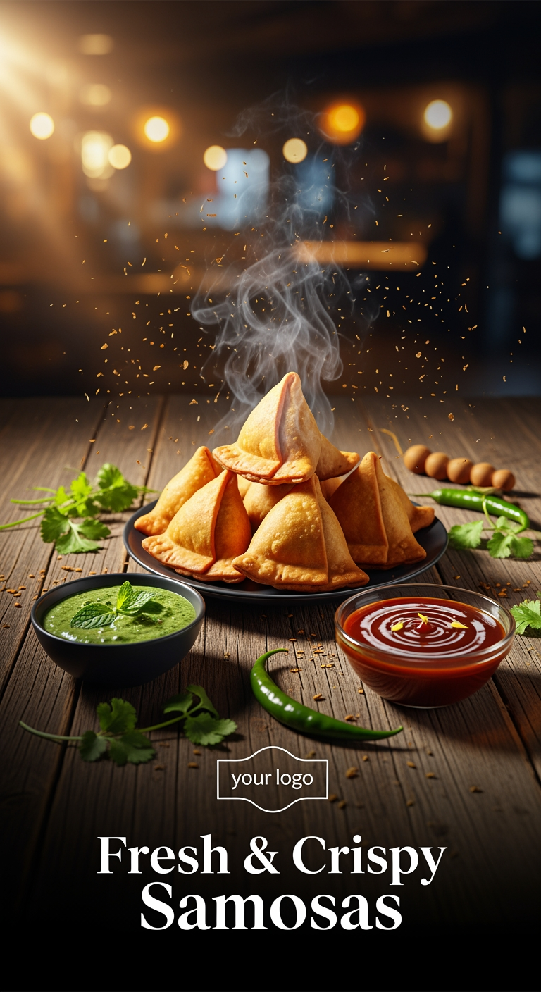 AI Design for Ultra-realistic food advertisement poster for [Cafe Name], featuring golden crispy Indian samosas arranged on a rustic wooden table with green chutney and tamarind sauce. Hot steam rising from freshly fried samosas, dramatic warm lighting, vibrant Indian street-food atmosphere, premium food photography, blurred café background, flying spice particles, modern typography with text "Fresh & Crispy Samosas", logo placement area, Instagram food marketing style, 4K ultra detailed.