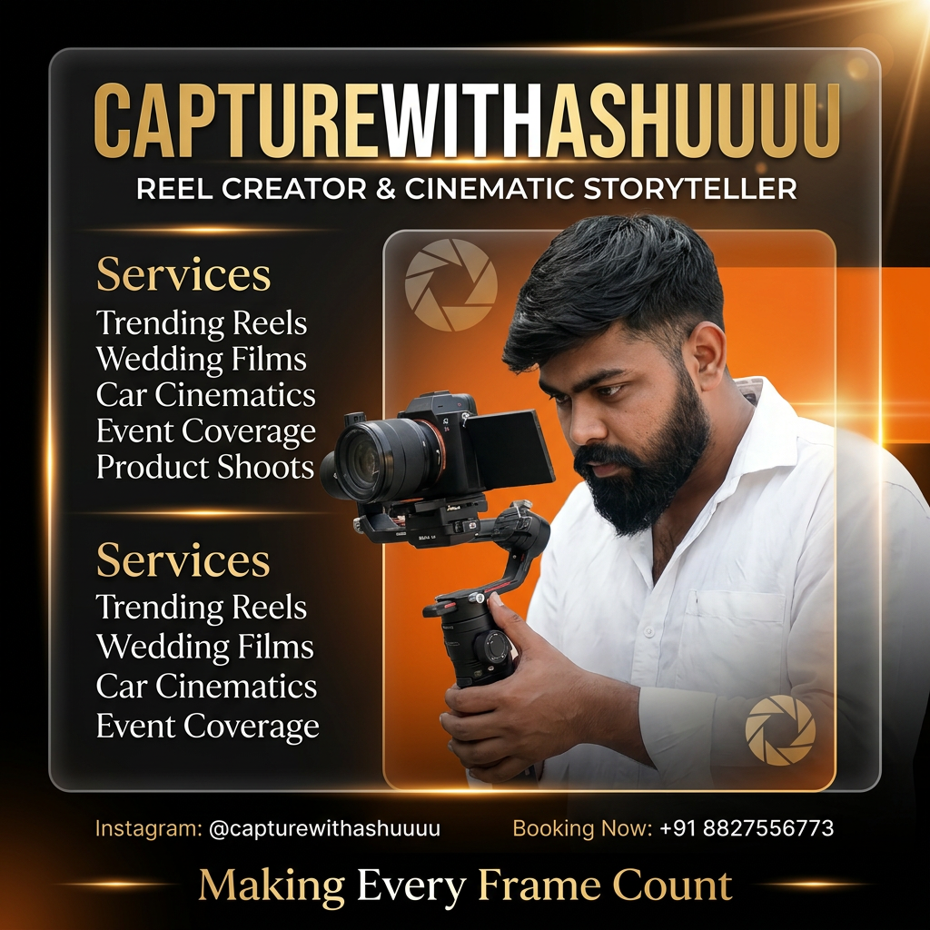 AI Design for Design a luxury Instagram Reel Creator advertisement poster using my uploaded image. Keep my face exactly unchanged and place me in a stylish cinematic pose holding a professional camera gimbal. Use black, orange, white, and gold accents with modern glassmorphism effects.
Add glowing cinematic light streaks, camera shutter graphics, lens flare effects, and premium branding elements.
Title:
CAPTUREWITHASHUUUU
Subtitle:
REEL CREATOR & CINEMATIC STORYTELLER
Services Section:
Trending Reels
Wedding Films
Car Cinematics
Event Coverage
Product Shoots
Instagram:
@capturewithashuuuu
Booking Now:
+91 8827556773
Tagline:
Making Every Frame Count
Luxury creator branding, cinematic orange glow, ultra detailed, premium Instagram marketing poster, 4K quality.