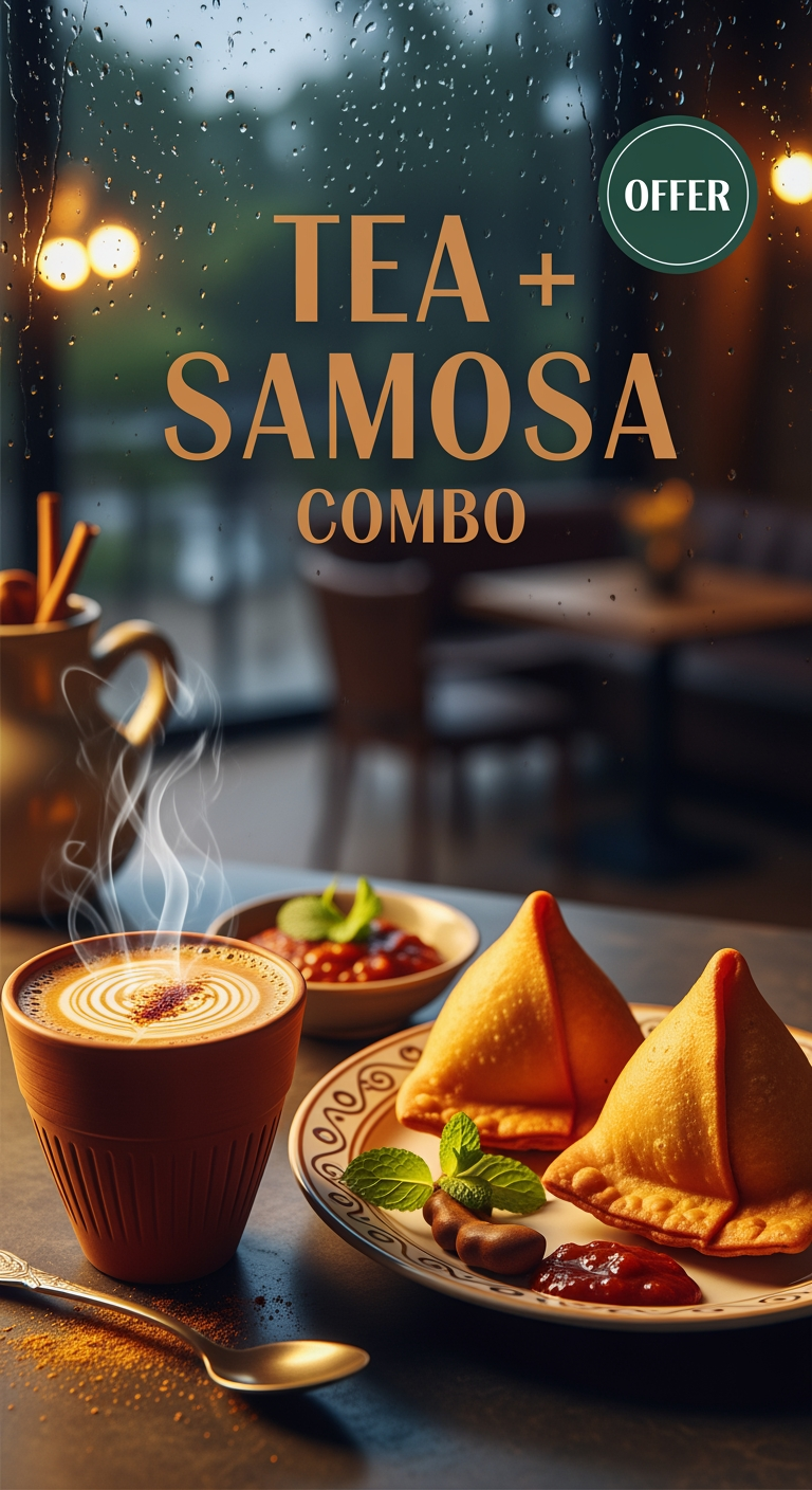 AI Design for Premium café social media poster featuring hot masala chai in a clay cup and crispy samosas served on a traditional plate. Cozy rainy weather background, warm golden lighting, steam effects, inviting café ambiance, elegant typography saying "Tea + Samosa Combo", offer badge, realistic food photography, luxury café branding, Instagram promotion design, ultra realistic, 4K.