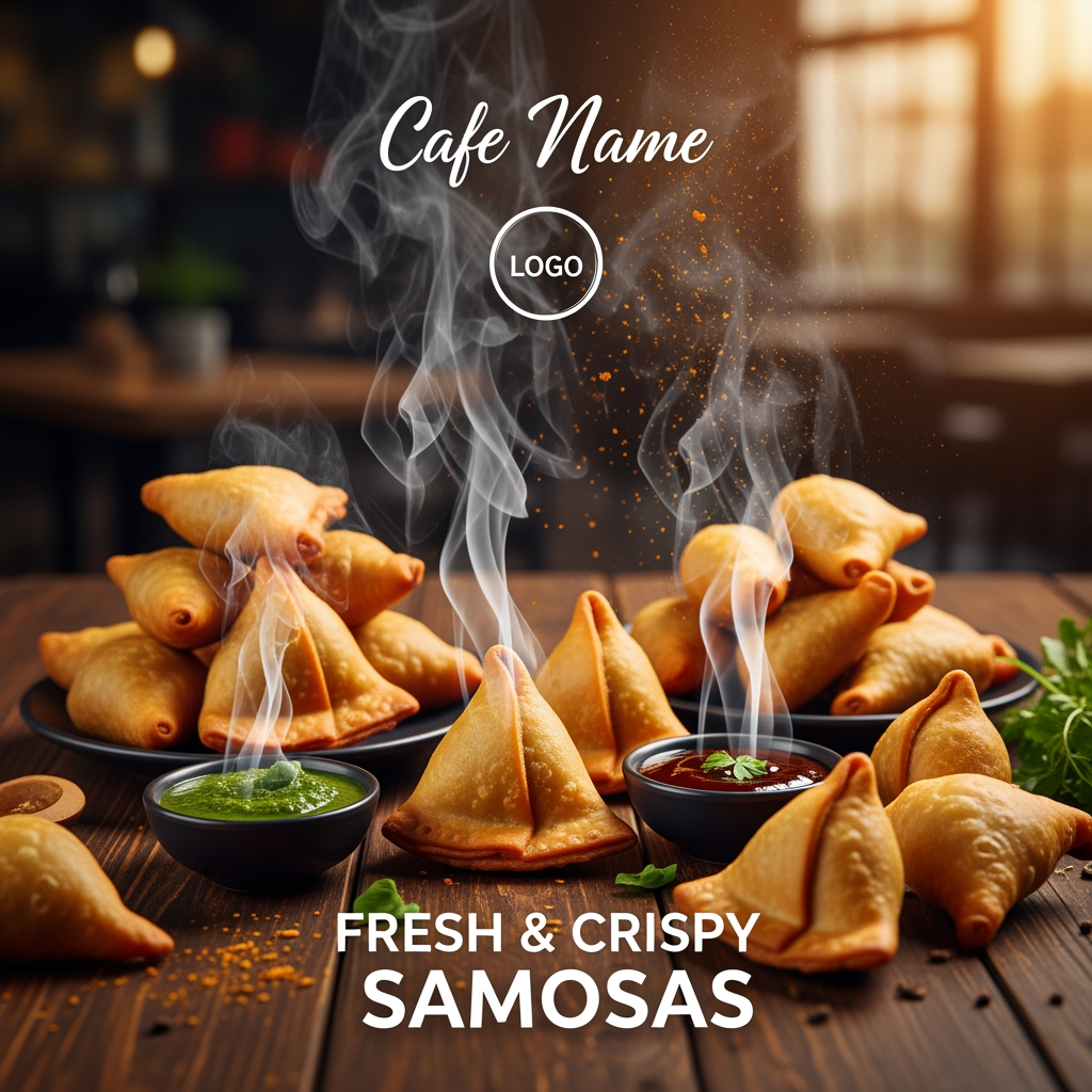 AI Design for Ultra-realistic food advertisement poster for [Cafe Name], featuring golden crispy Indian samosas arranged on a rustic wooden table with green chutney and tamarind sauce. Hot steam rising from freshly fried samosas, dramatic warm lighting, vibrant Indian street-food atmosphere, premium food photography, blurred café background, flying spice particles, modern typography with text "Fresh & Crispy Samosas", logo placement area, Instagram food marketing style, 4K ultra detailed.