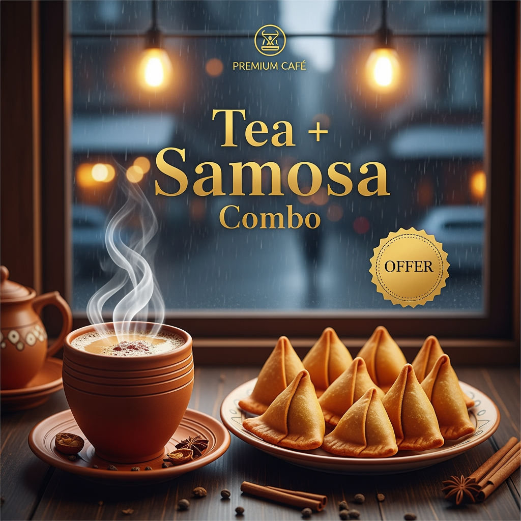 AI Design for Premium café social media poster featuring hot masala chai in a clay cup and crispy samosas served on a traditional plate. Cozy rainy weather background, warm golden lighting, steam effects, inviting café ambiance, elegant typography saying "Tea + Samosa Combo", offer badge, realistic food photography, luxury café branding, Instagram promotion design, ultra realistic, 4K.