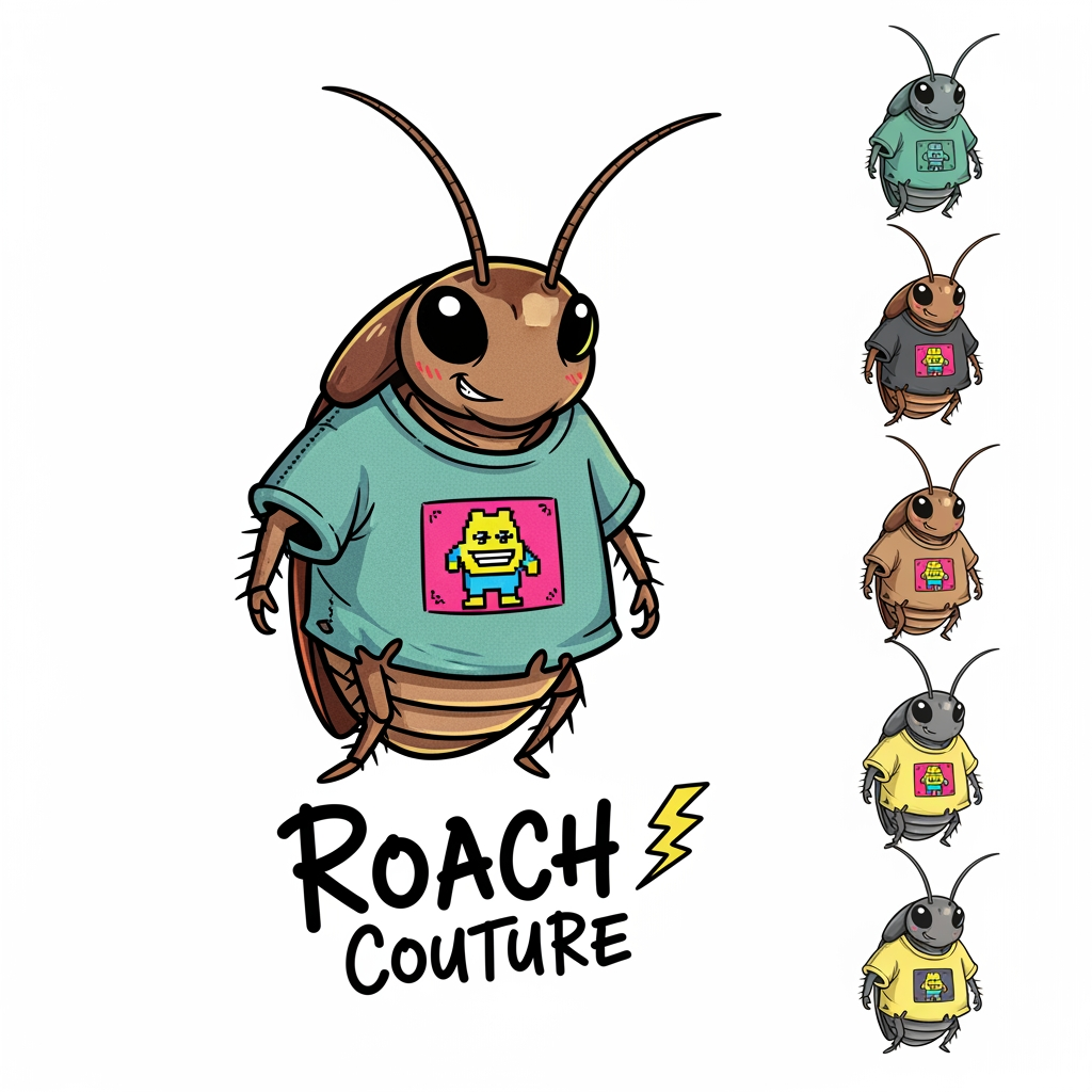 AI Design for i want to creat one logo for clothing brand. where the concept is that in logo there is one cockroche whering t shirt and also i want it genz type and asthetic. ok the given logo are cute but can i get something more intersting and practicul. i like the last one i just want that you add something atractive in that and also give me with the differant colour options