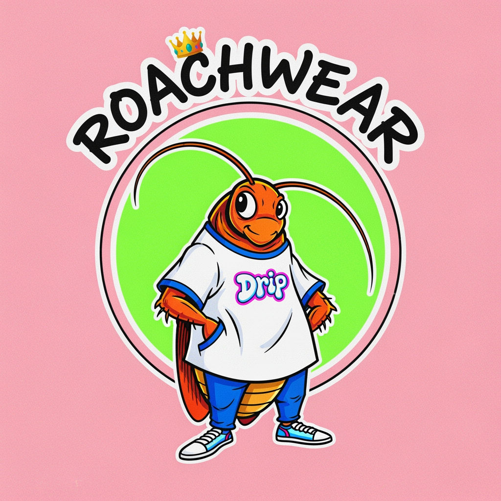 AI Design for i want to creat one logo for clothing brand. where the concept is that in logo there is one cockroche whering t shirt and also i want it genz type and asthetic