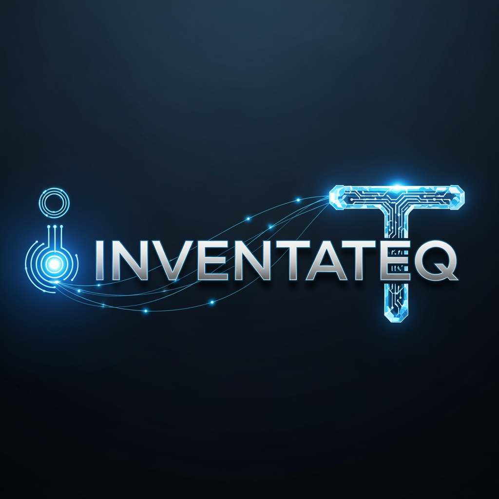 AI Design for Futuristic tech wordmark “Inventateq” where “I” acts as a data input node (dot or circular origin), and “T” forms a structured pipeline or circuit endpoint. Thin connecting lines subtly flow through the text.