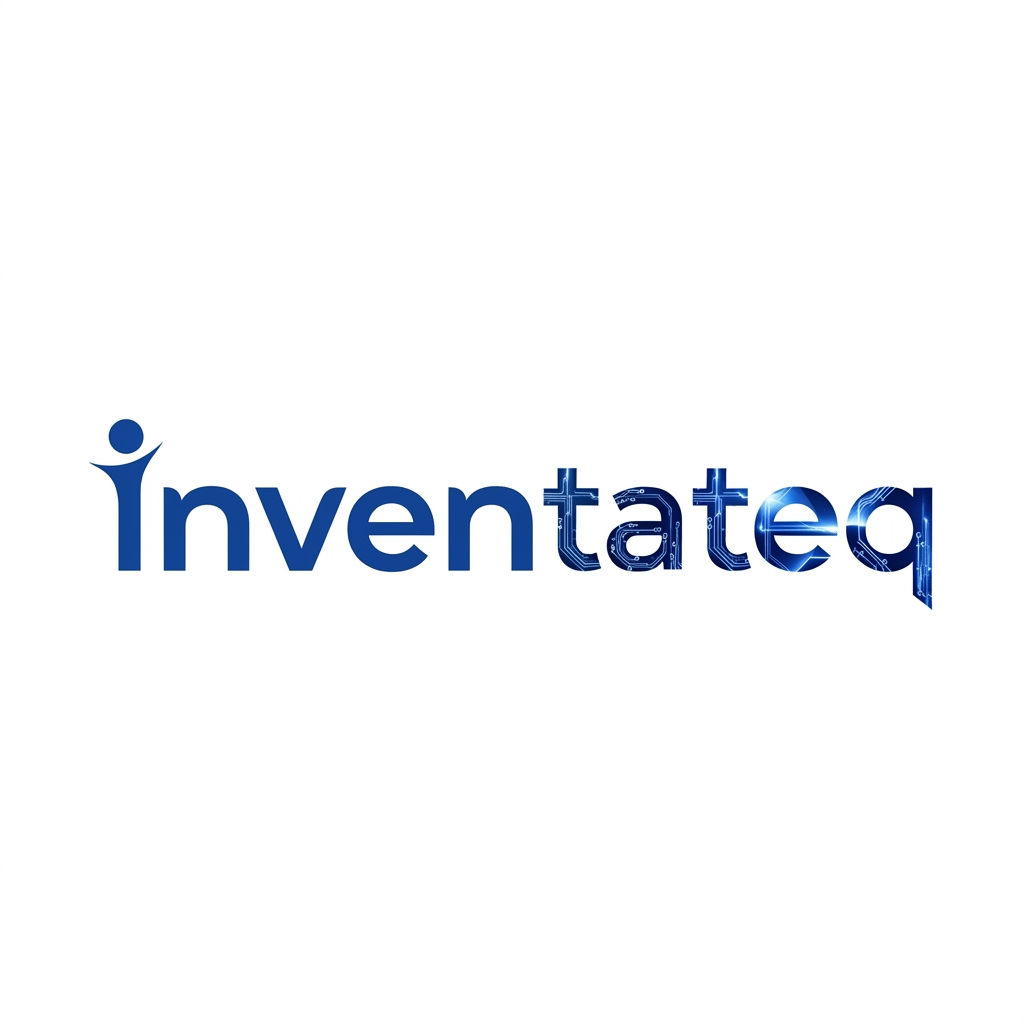 AI Design for Concept: This is a "blue palette" approach, where the complex gradient from the original image is replaced with various tones of blue to create depth without introducing contrasting colors.
Prompt: a clean, advanced tech logo for "inventateq" on a pure white background. The entire word is rendered in a single, refined sans-serif font. The "i" at the start features the human-figure stylized form, rendered in a dark navy blue. The letters "nventa" are a medium blue-grey. The central "t" and the surrounding text "eq" are the focus, rendered in a unified color palette of deep blue. The intricate circuit pattern from image_ec3227.png is integrated into the letters "t", "e", and "q", but rather than using a complex colorful gradient, this entire section is rendered using a deep navy blue base with the circuit lines in a brighter, clean electric blue. The palette is strictly dark navy blue, electric blue, and white, making the whole word read clearly in a unified blue family with complex, simplified circuit detailing.