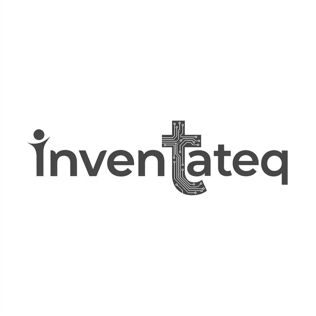 AI Design for a professional and modern logo for "inventateq" on a clean white background. The typography is a refined sans-serif font. The "i" at the beginning features the distinct human-figure stylized form seen in image_ec3227.png, rendered in a solid, sophisticated charcoal grey. The letters "nventa" are standard grey. The centerpiece, the "t", is the main focus, featuring the complex, integrated circuit board pattern seen in image_ec3227.png, but this entire pattern is now rendered in a deep, unified charcoal grey (no colors, no blue). Following the 't', there is a small 'a' and a simplified grey 'q'. The entire logo uses a simplified, sophisticated two-color palette of charcoal grey and white, with the circuit detail adding complexity to the final 't' form.