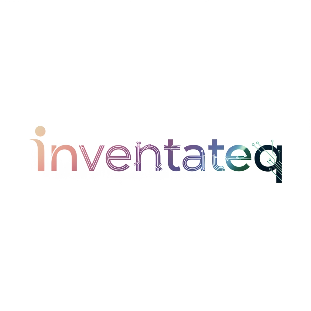 AI Design for Hybrid logo “Inventateq” where “I” is soft, rounded, human-inspired, and “T” is sharp, digital, circuit-inspired. Gradual transformation in typography style from left to right.