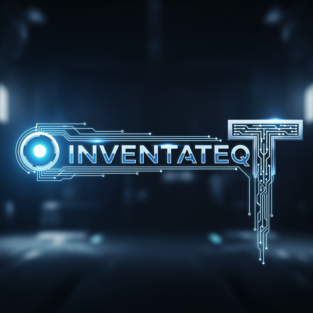 AI Design for Futuristic tech wordmark “Inventateq” where “I” acts as a data input node (dot or circular origin), and “T” forms a structured pipeline or circuit endpoint. Thin connecting lines subtly flow through the text.