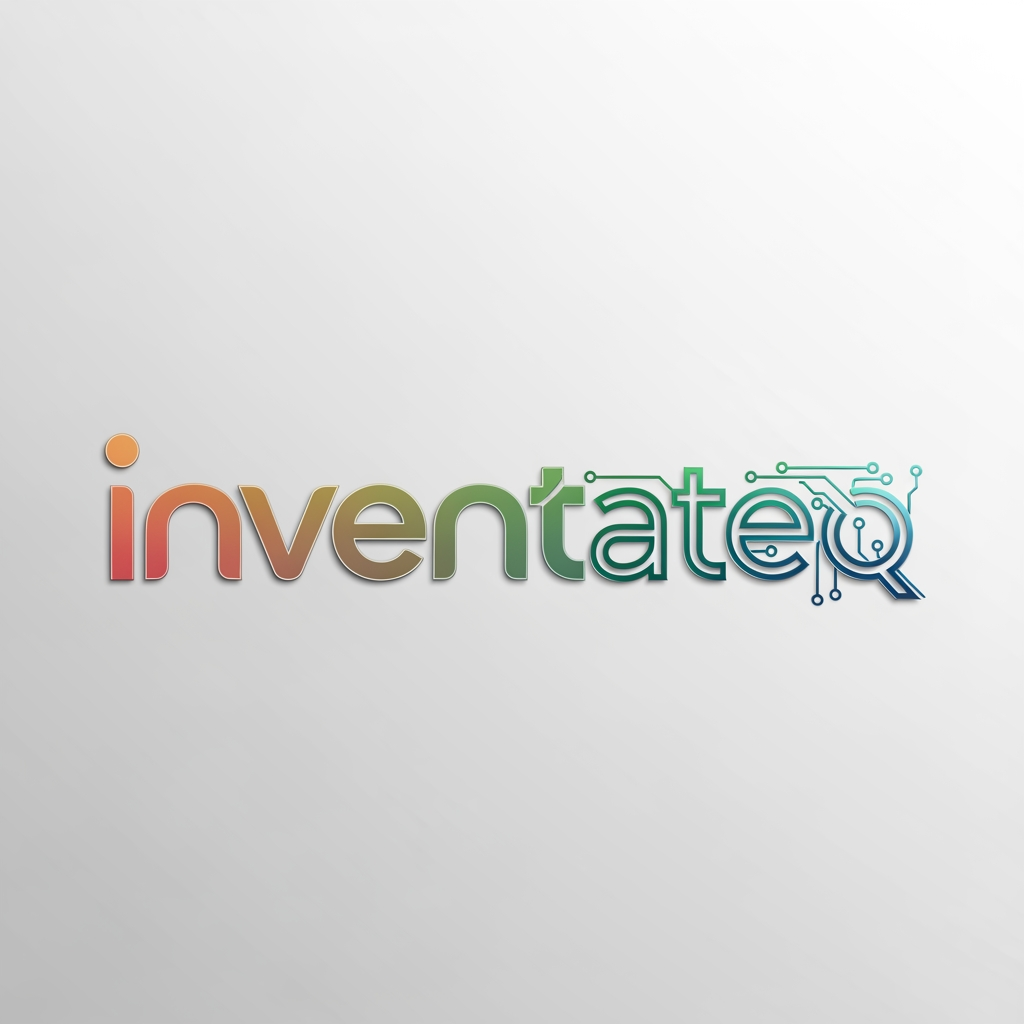 AI Design for Hybrid logo “Inventateq” where “I” is soft, rounded, human-inspired, and “T” is sharp, digital, circuit-inspired. Gradual transformation in typography style from left to right.