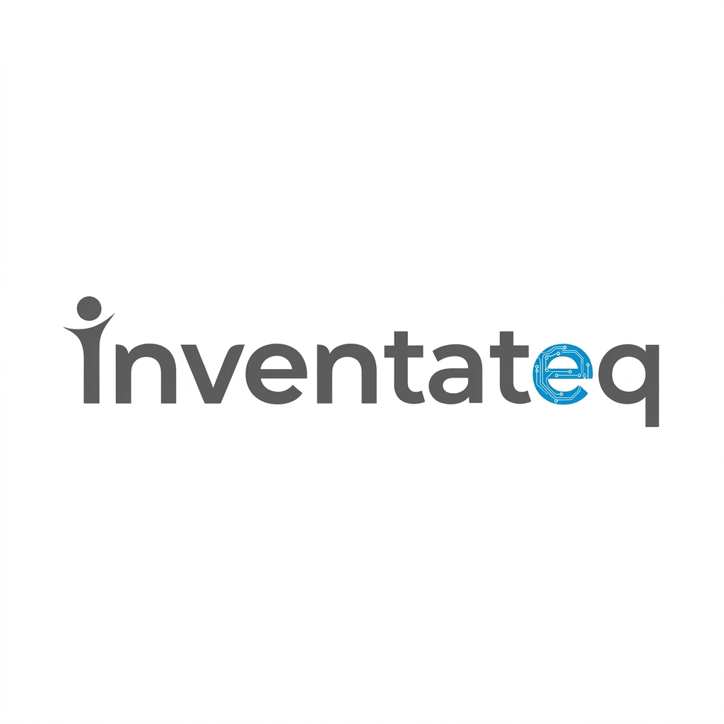 AI Design for Prompt: a sleek, corporate logo for "inventateq" on a pure white background. The word is rendered in a modern sans-serif font. The "i" is stylized as the grey human-figure form from image_ec3227.png. The letters "nvent" are standard grey. The "t" and "e" at the center, previously holding a multi-color circuit pattern in image_ec3227.png, are now clean, solid charcoal grey. The final letter, a small 'a', is standard grey. Following this, there is a second stylized 'e' which integrates the specific circuit pattern from image_ec3227.png, but this final accent letter 'e' is rendered in a clean, vivid blue, acting as the primary color accent. The final 'q' is a standard charcoal grey. The palette is strictly charcoal grey, vivid blue, and white, with the complex blue circuit-e providing the creative focus at the end of the word.