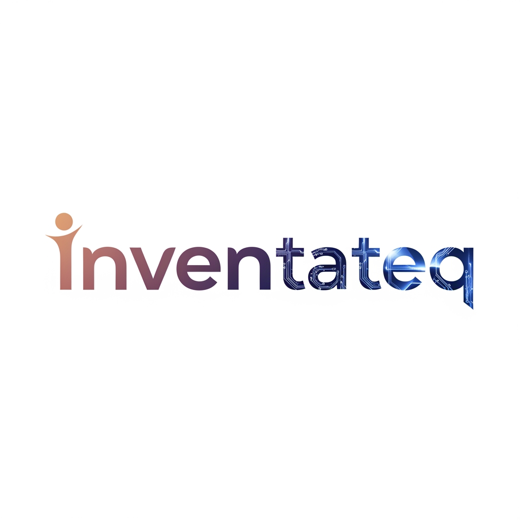 AI Design for Hybrid logo “Inventateq” where “I” is soft, rounded, human-inspired, and “T” is sharp, digital, circuit-inspired. Gradual transformation in typography style from left to right.