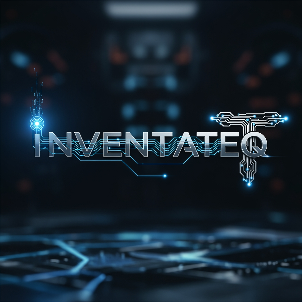 AI Design for Futuristic tech wordmark “Inventateq” where “I” acts as a data input node (dot or circular origin), and “T” forms a structured pipeline or circuit endpoint. Thin connecting lines subtly flow through the text.