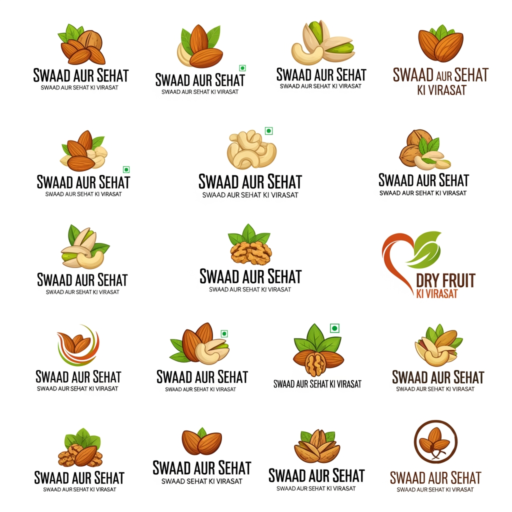 AI Design for dryfruit logo design with " swaad aur sehat ki virasat " slogan more then 10 option